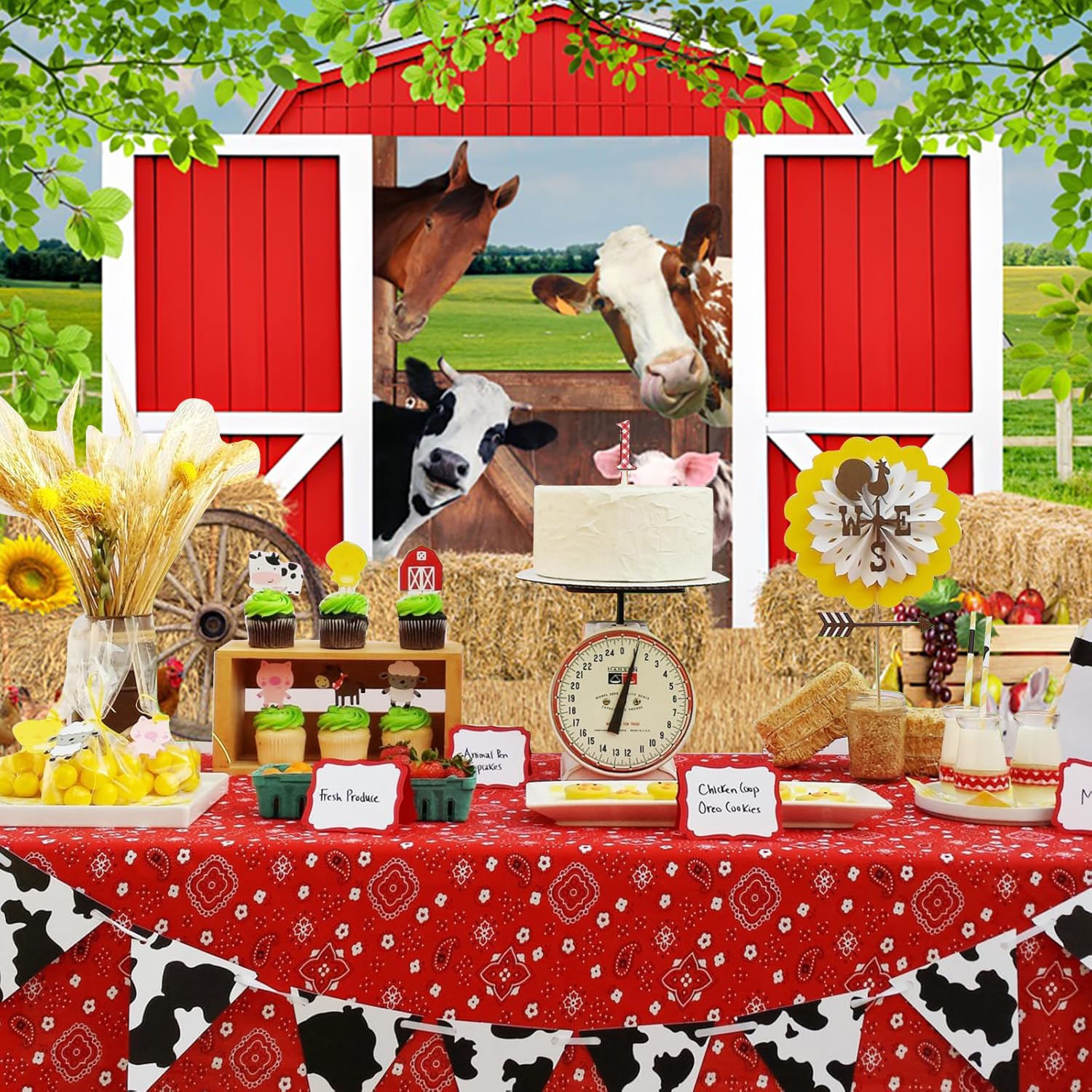 3x2.4m Sfondo Fattoria Cortile rosso del fienile Animali della fattoria verde erba pagliaio fotografia sfondo bambini ragazzi ragazze paese fattoria compleanno decorazioni Photo Booth Props