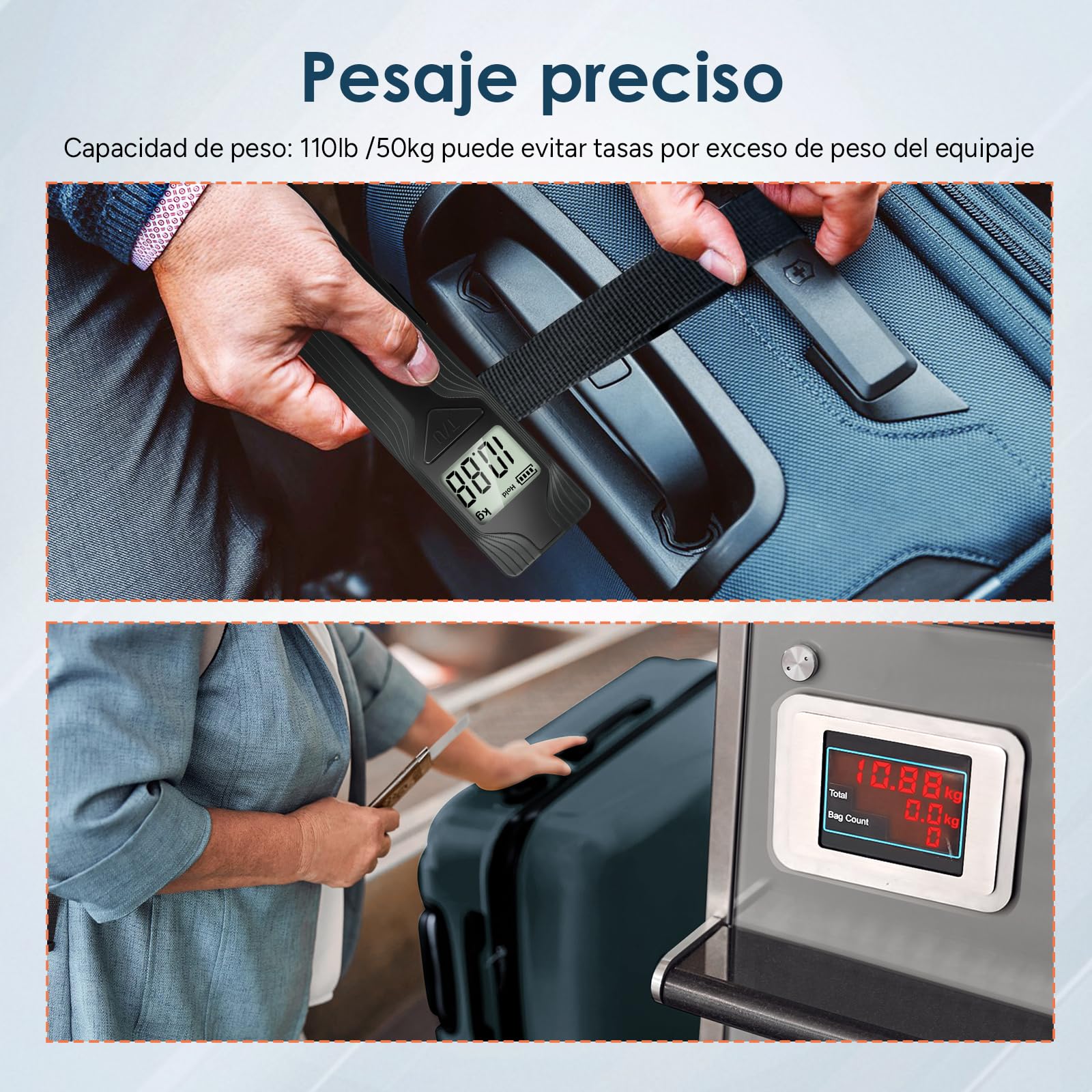 travel inspira Báscula para Maletas Portátil, Pesa de Viaje Mano Sin Pilas con Pantalla Grande y Función Tara, Báscula de Equipaje Autogenerable, Capacidad 50kg/110lb