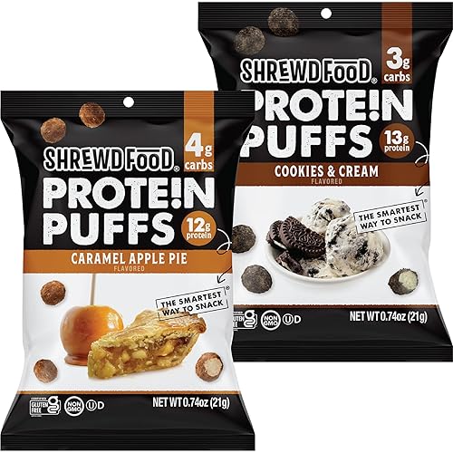 Shrewd Food Protein Puffs - Bocadillos de postre dulces y crujientes bocadillos de cereales bajos en carbohidratos sin maní sin gluten 042oz de