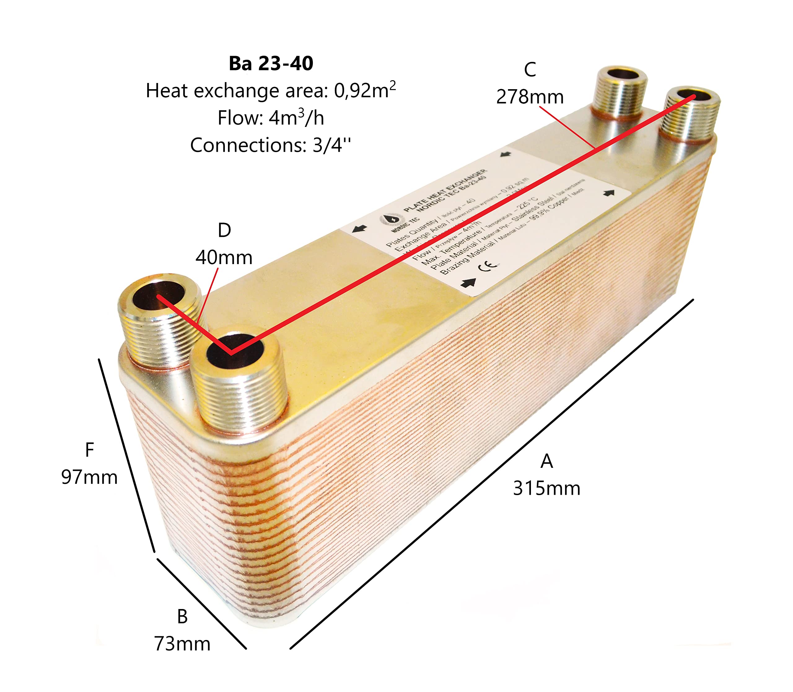 Intercambiador de calor de placas de acero inoxidable Nordic Tec Ba-23-40, 40 placas, 165 kW, 3/4", con aislamiento, fijación de pared y piezas de conexión.
