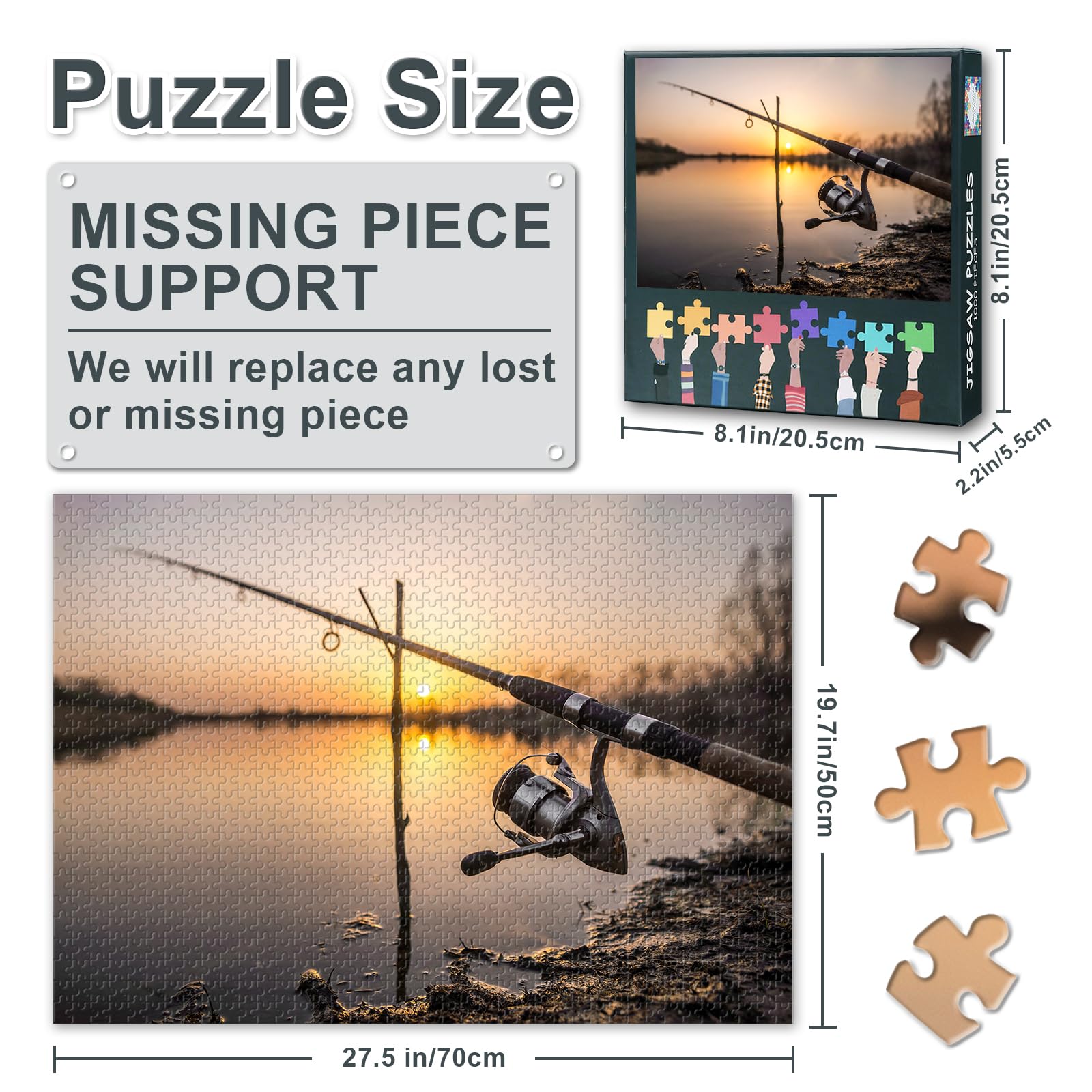 Jigsaw Puzzle 1000 Pieces for Adults Black and White Carp Fishing at Sunset Lake Scene Monochrome Wall Art Living Room Decor Challenge Puzzle 27.5 x 19.7 Inches - Image 3