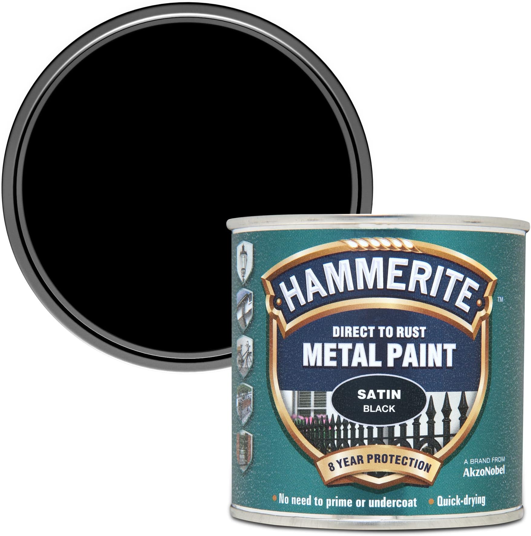 Hammerite Paint Direct to Rust Exterior Black Metal Paint, Satin Finish