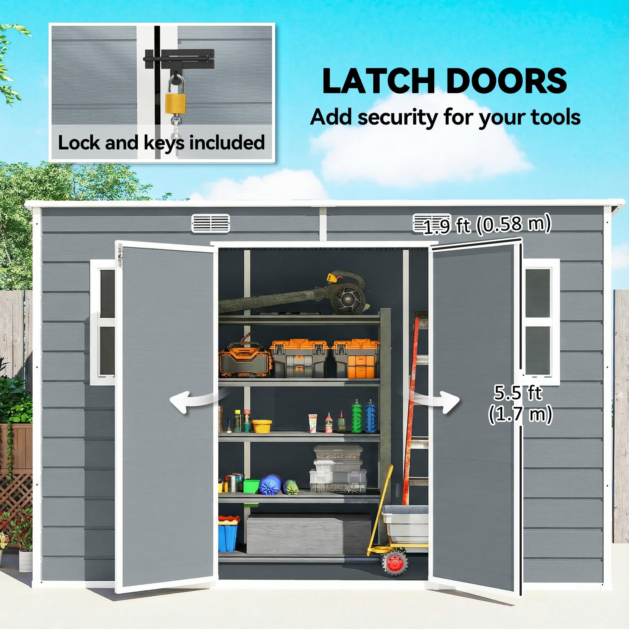 Outsunny 10 x 4 ft Plastic Garden Shed, Outdoor Storage Resin Shed with Floor, Double Windows, Lockable Doors and Vents, for Tools, Bike, Generator, Grey — view 5
