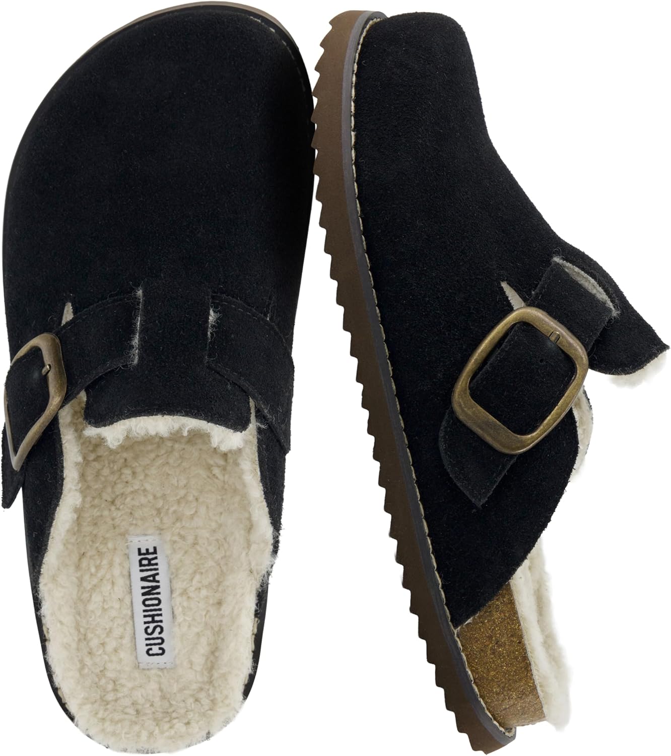 CUSHIONAIRE Blain Fur Genuine Suede Clogs for Women, Cozy Slip-On Womens Slippers with Detailed Stitching and Memory Foam Comfort