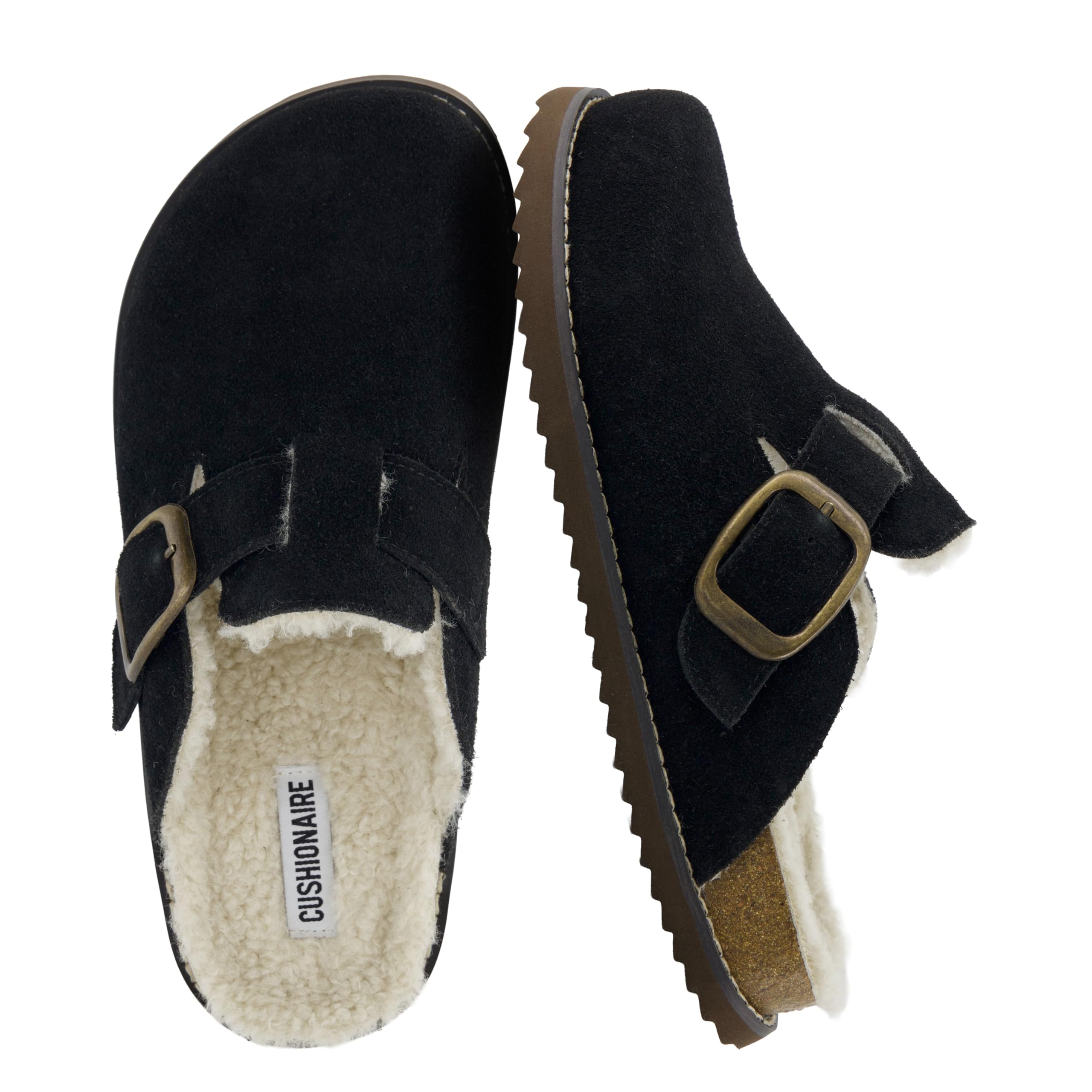 CUSHIONAIRE Blain Fur Genuine Suede Clogs for Women, Cozy Slip-On Womens Slippers with Detailed Stitching and Memory Foam Comfort