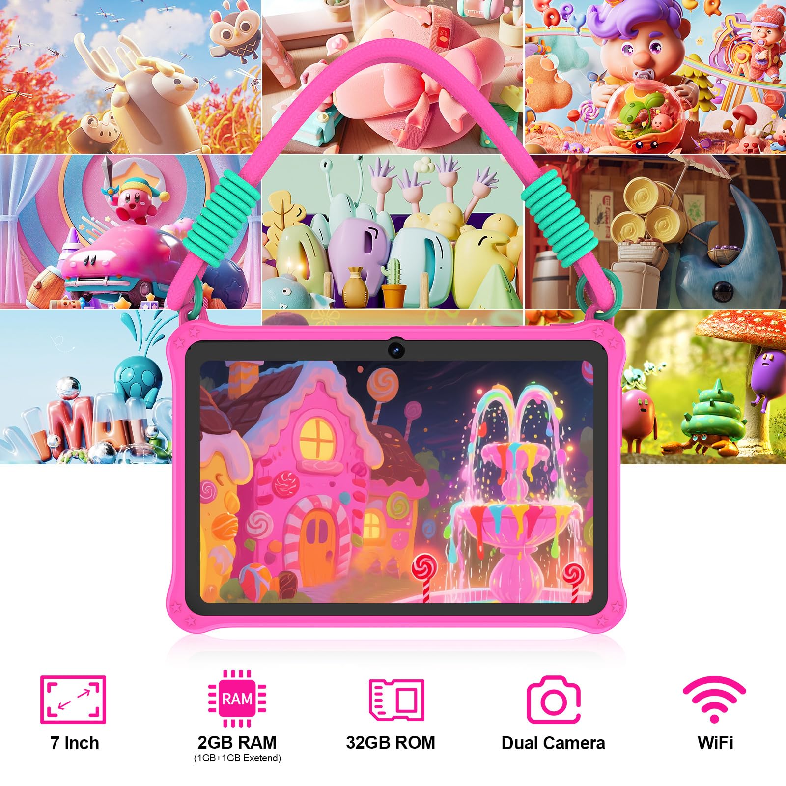 GOZZGEAR GOZZGEAR Android 13 Kids Tablets 7 inch for Toddler, Parental Control, Free Kids APP, 32GB, Expandable 512GB, 3500Mah, WiFi Dual Camera with Eye Protection, Pink in use