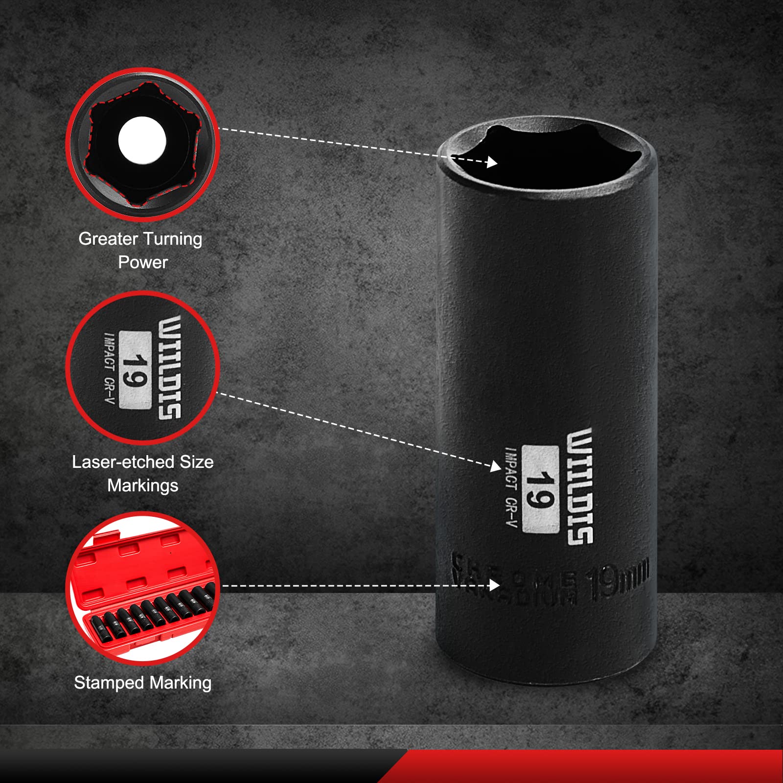 WIILDIS Juego de 14 llaves de vaso de impacto profundo de 3/8 pulgadas, 7 mm a 21 mm, CR-V, métrico, 6 puntos, 14 piezas de 3/8 pulgadas Dr. Socket
