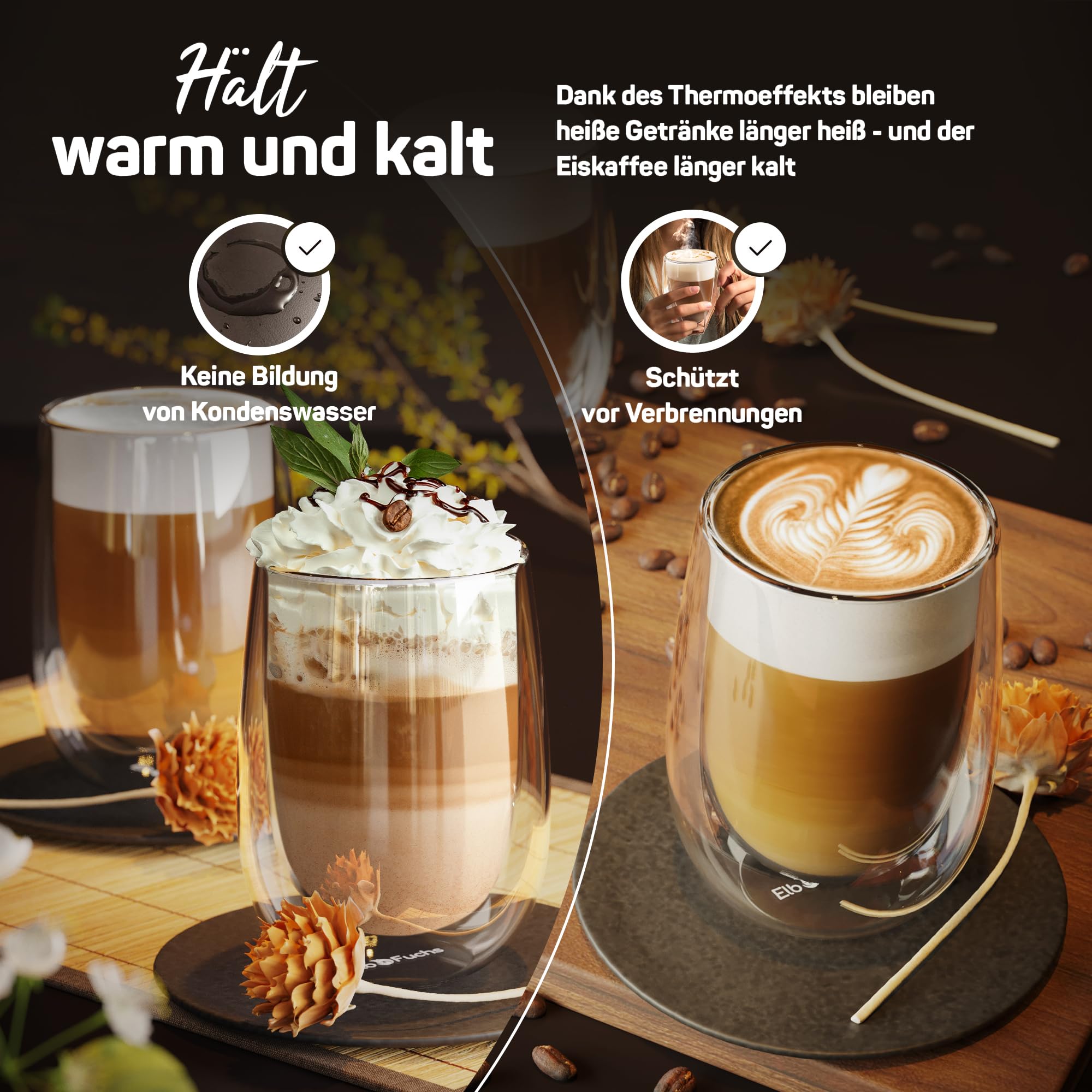 ElbFuchs® Doppelwandige Latte Macchiato Gläser Set [4x 350ml in GASTRO-QUALITÄT] Kristallklare Thermogläser doppelwandig | Ideal als Cappuccino Gläser | Kaffeegläser | Teegläser