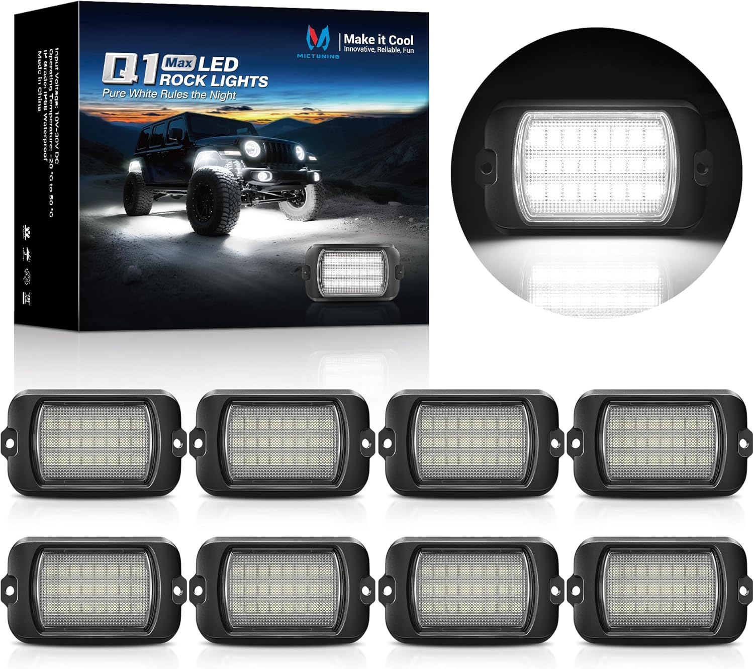 MICTUNING Q1 Max White Rock Lights, 8 Pods Super Bright Pure Underglow Light Kit, IP68 Waterproof for Truck Car ATV UTV Golf Cart (2 Year Warranty)