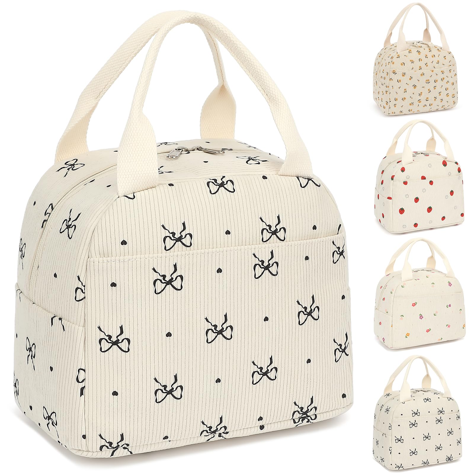 Lrenagao Lunch Box for Women Girls, Corduroy Lunch Bags Large Capacity Reusable Insulated Lunch Tote Bag for Work Picnic or Travel (Bowknot)