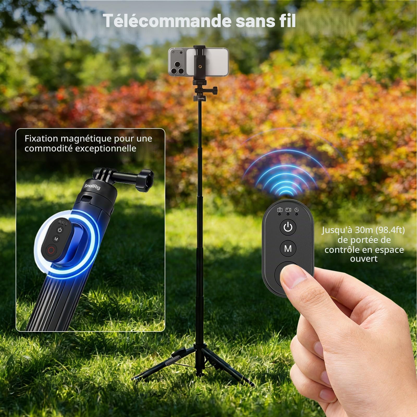 SMALLRIG 59" Perche à Selfie avec Trépied et Télécommande, Trépied Extensible en Aluminium pour DJI Osmo Action 5 Pro/Pocket 3, pour Insta360 X5/X4, pour GoPro Hero 13/12/11, pour iPhone 17/16-5464