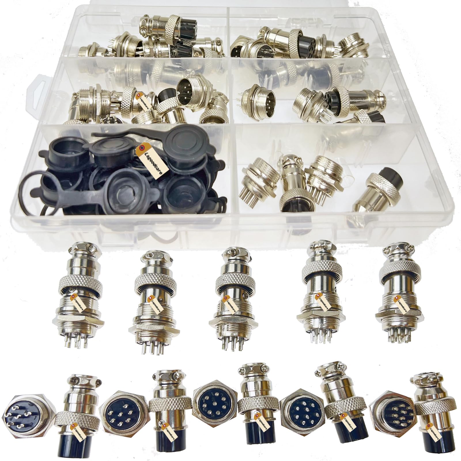 Lsgoodcare 48Pcs 6Pin 7Pin 8Pin 9Pin 10Pin 16mm Thread Male Female Panel Metal Aviation Wire Connector Plug Assortment Kit with Aviation Caps