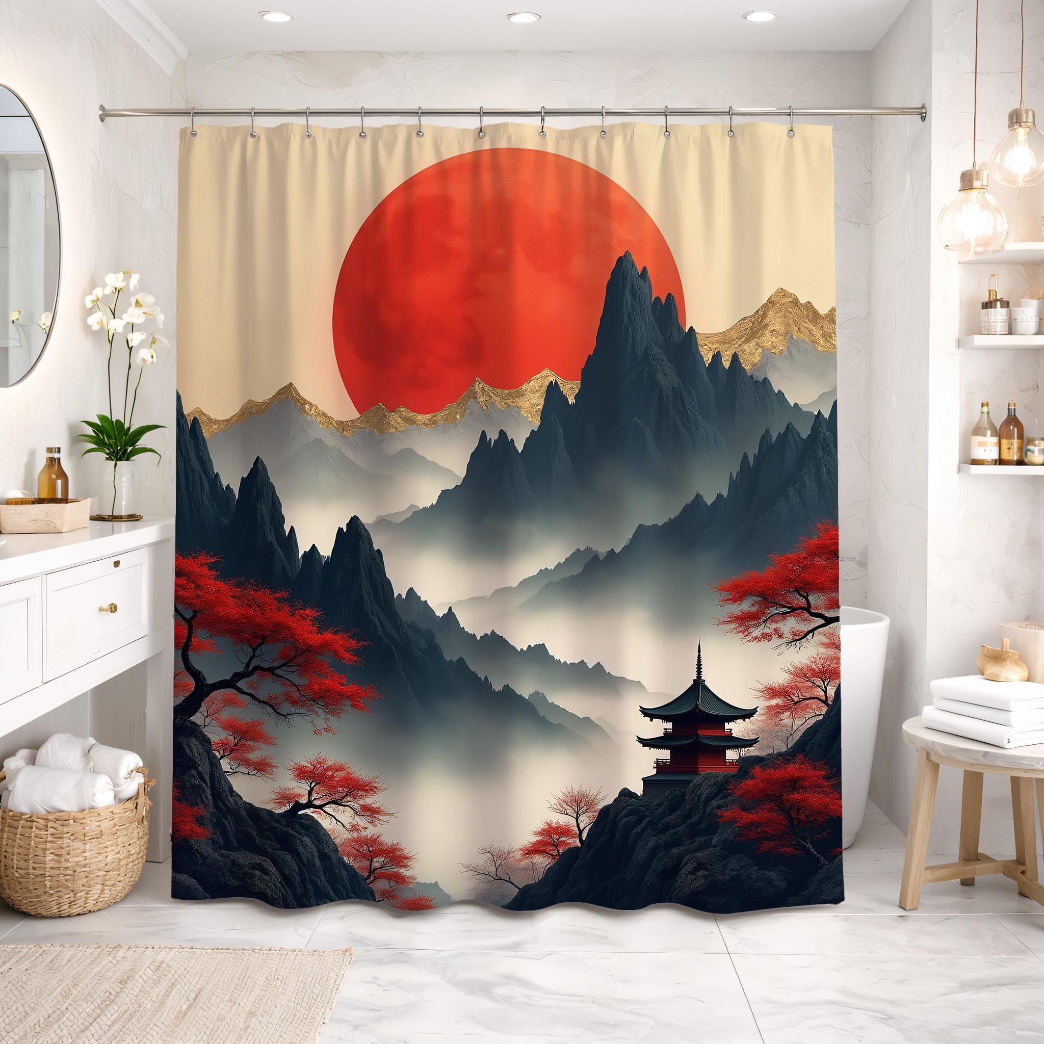LMYCHENG Abstract Red Sun Art Shower Curtain, Japanese Mountain Landscape Bathroom curtain, Gold Print Bathtub Decor With hooks(180x180cm/71x7in(WxH)/)
