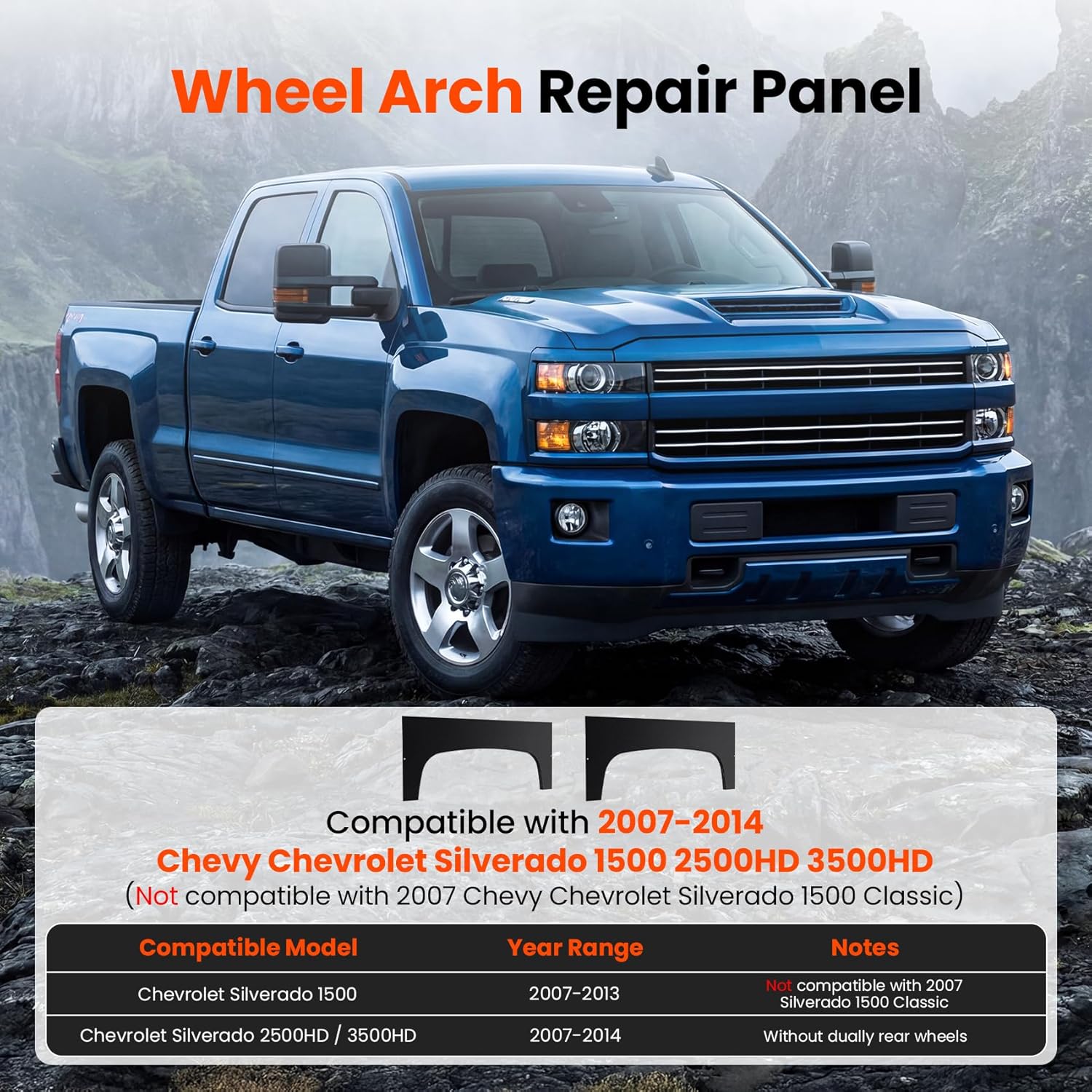 Wheel Arch Repair Panel Compatible with 2007-2014 Chevy Chevrolet Silverado 1500 2500HD 3500HD, Rear Upper Wheel Arch Repair Quarter Panel