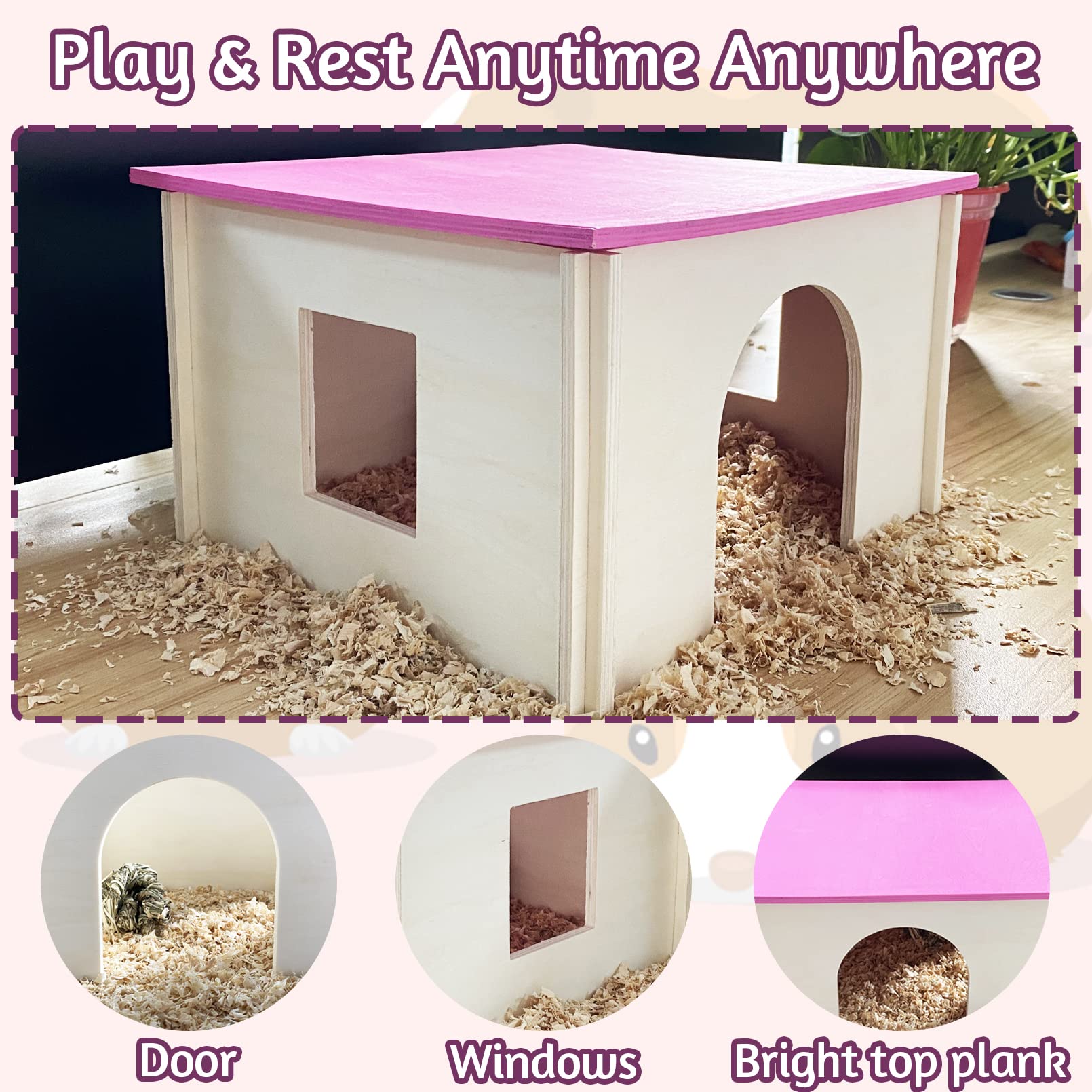 Fhiny Meerschweinchenhaus aus Holz mit Fenster und Dach, abnehmbare Chinchilla Hütte Versteck natürlicher Hamster Habitat Dekor für Hamster, Igel, Eichhörnchen oder andere Kleintiere