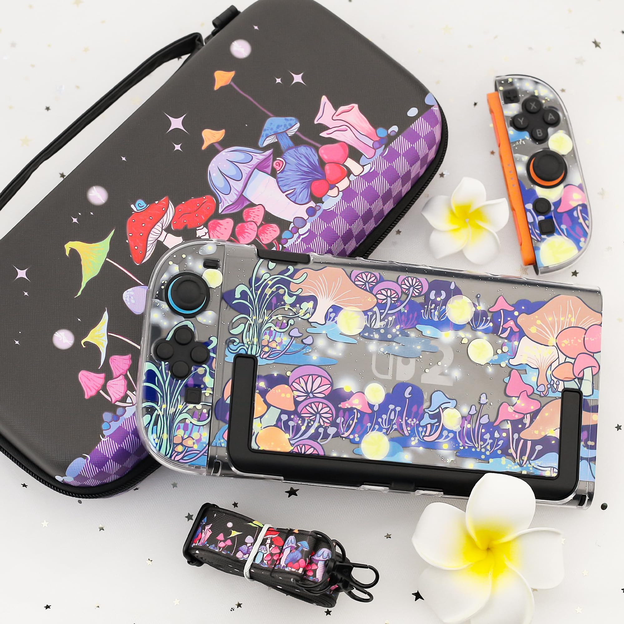PAWDIARY Kit di 2 accessori per interruttore a fungo, con custodia da viaggio portatile per Nintendo Switch 2, cover per interruttore 2, pellicola protettiva per schermo HD, tracolla regolabile e 2
