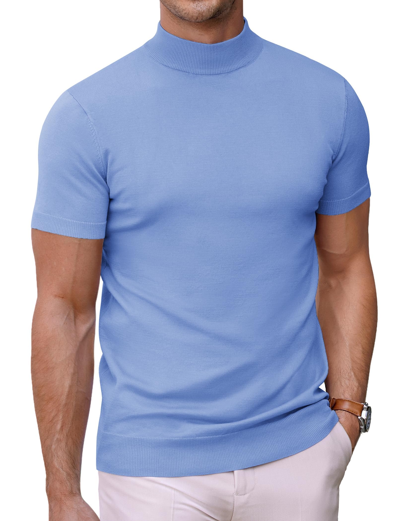 COOFANDY Herren T-Shirt mit Stehkragen Strick Männer Rollkragenshirt Pullover Herren Kurzarm Halb Kragen Unterhemd Slim Fit Basic Tops