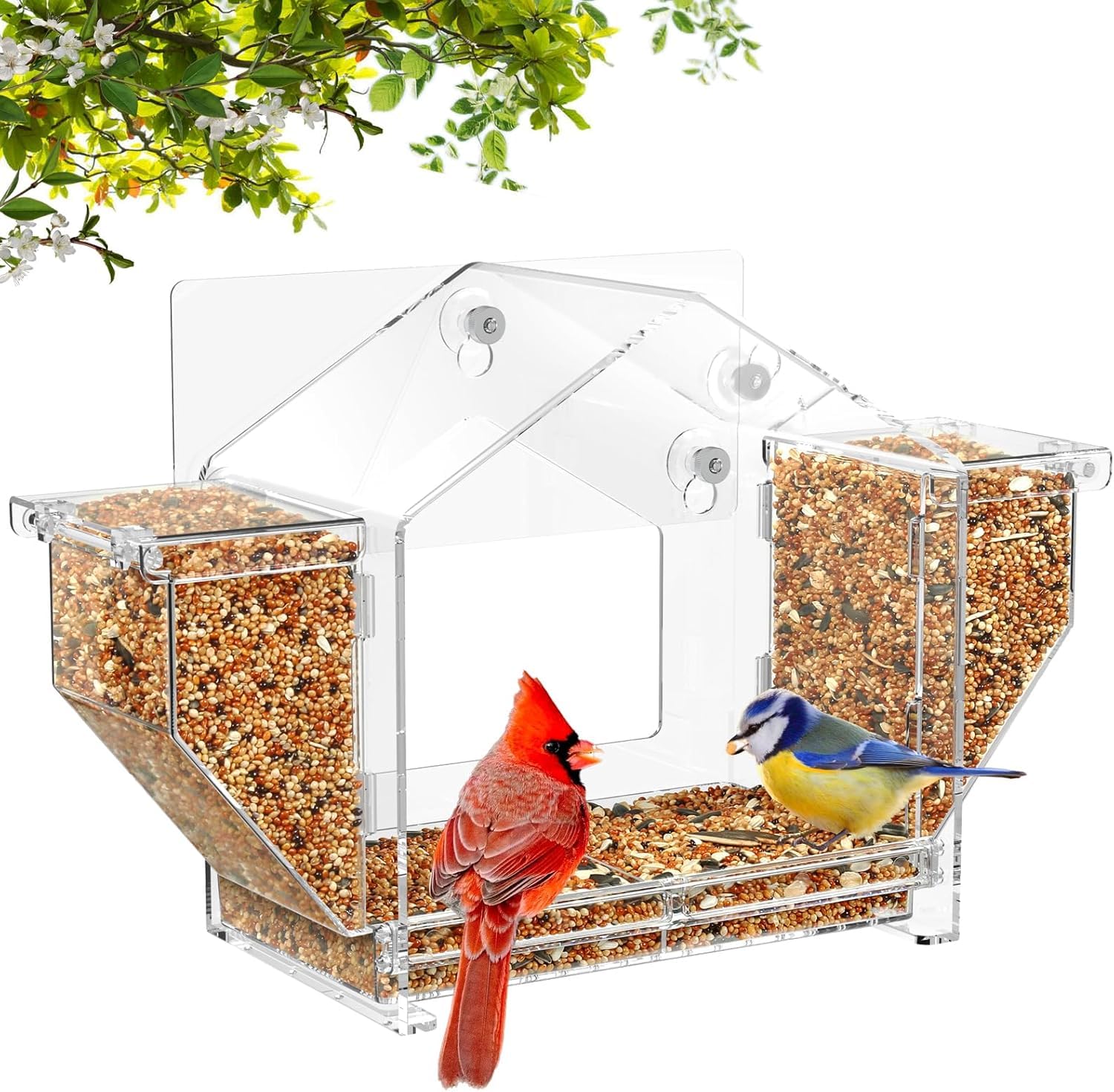 Clear Window Bird Feeder Larger Viewing Squirrel-Proof Bird Watching with Strong Suction Cup and Self-Adhesive Large Food Storage Design for Outdoors Cats
