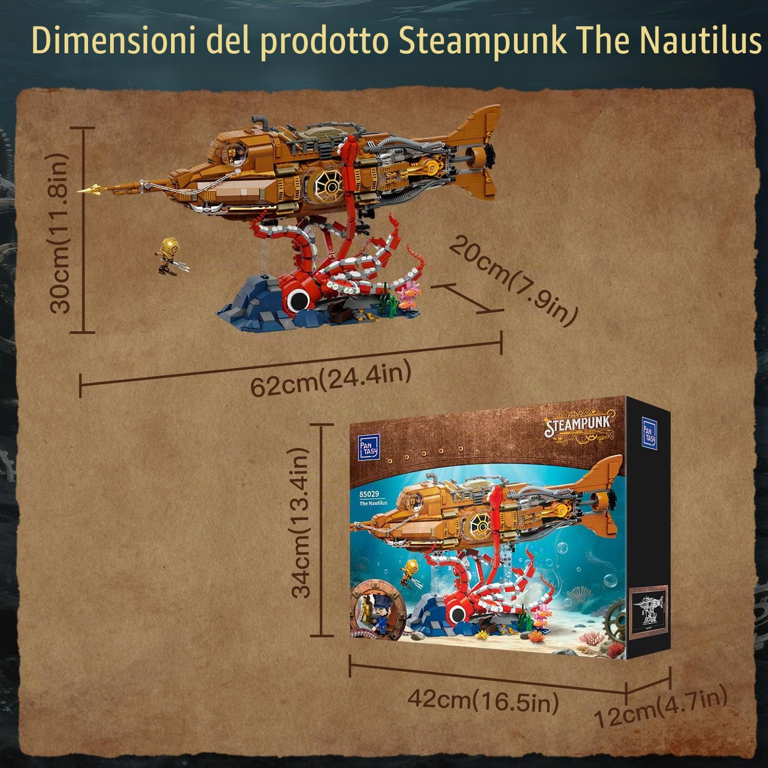 PANTASY Nautilus Steampunk, modellino modulabile in 3 sezioni con elica a ingranaggi, mini barca e scena d'avventura sottomarina, kit modello meccanico retrò da costruire per adulti