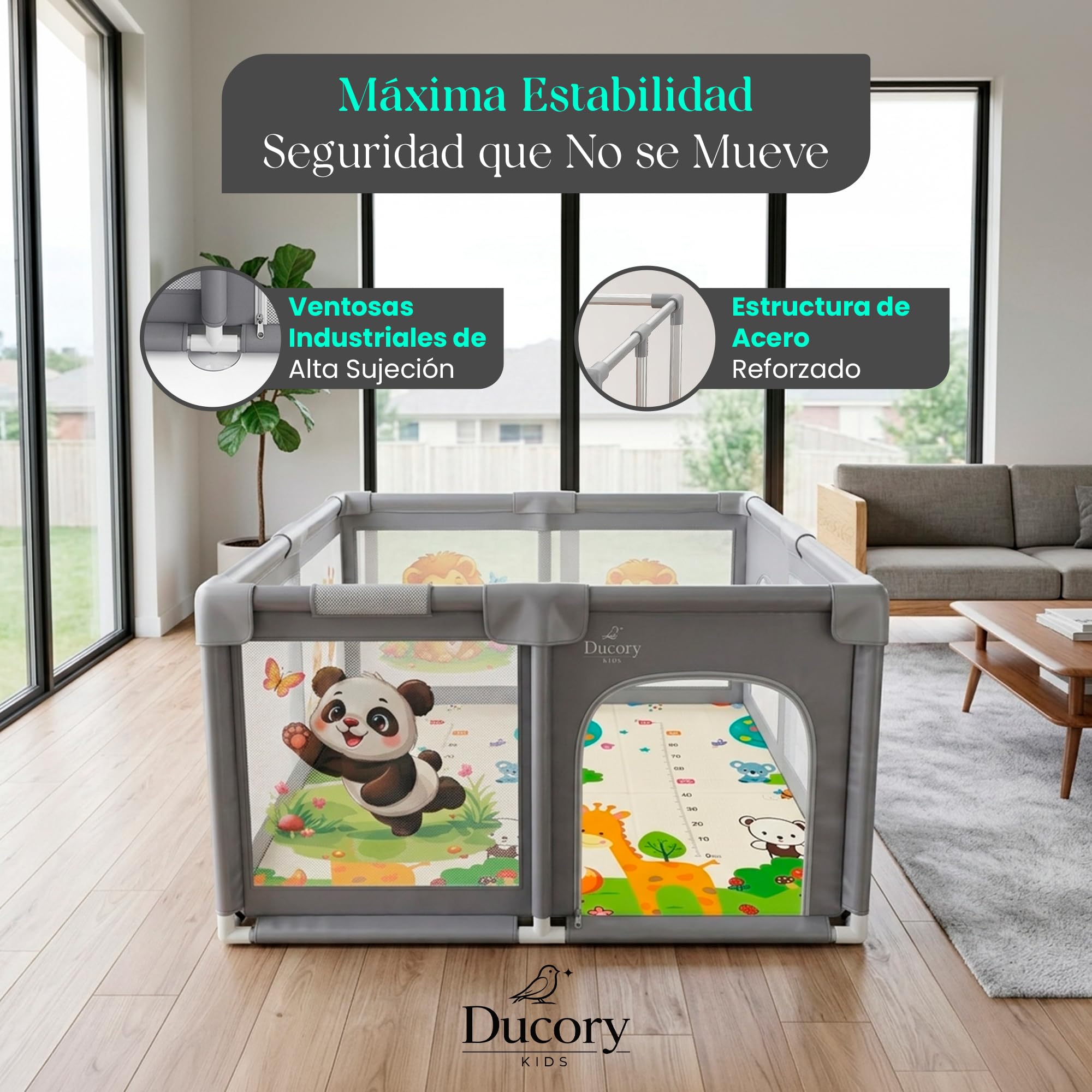 Ducory Parque Infantil Bebe 120X120 X75cm Altura, 2 Puertas, Alfombra Acolchada Plegable, Incluye Bolsa de Transporte + 4 Agarraderas + Juguete Educativo Musical + Sonajero, Corralito Bebe