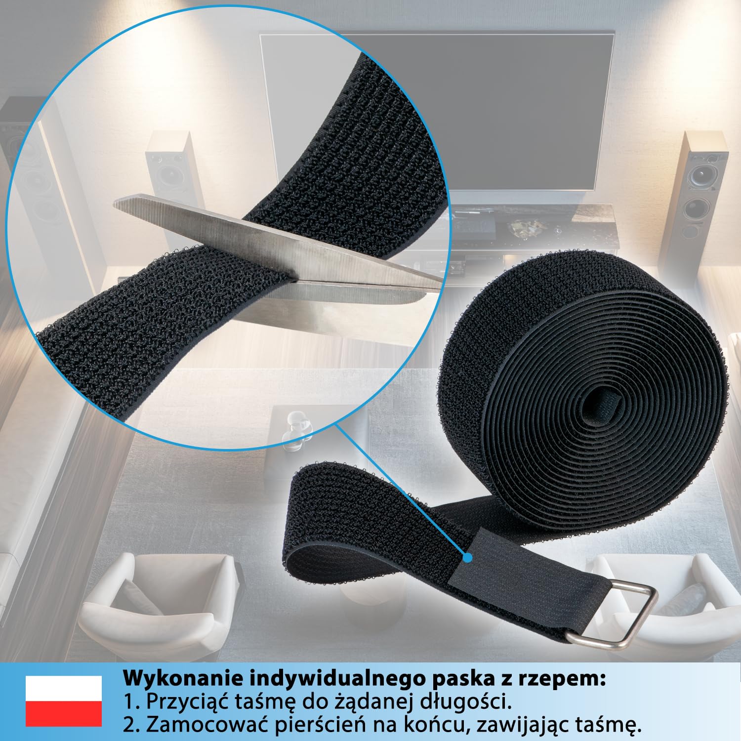 valonic SPARROW – mocna taśma rzepowa, 5 m, 50 mm, w zestawie 10 metalowych pierścieni, czarna, do porządkowania kabli, zapięcie rzepowe
