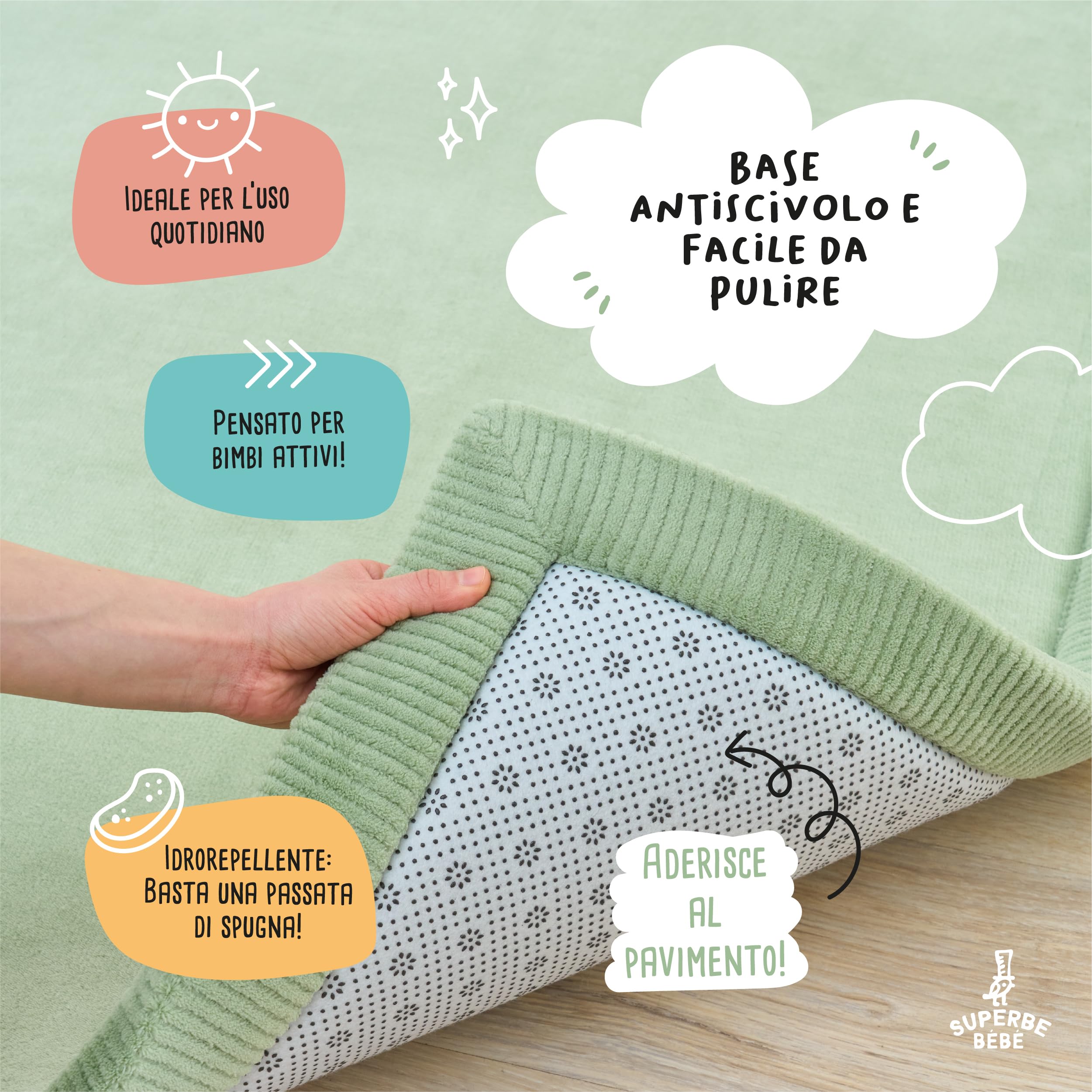 SUPERBE BEBE – Tappeto Gioco per Bambini 150 × 200 × 2,5 cm – Spesso e Antiurto – Schiuma Memory Non Tossica Oeko-Tex – Tappeto per Cameretta e Stanza Giochi – Design Elegante