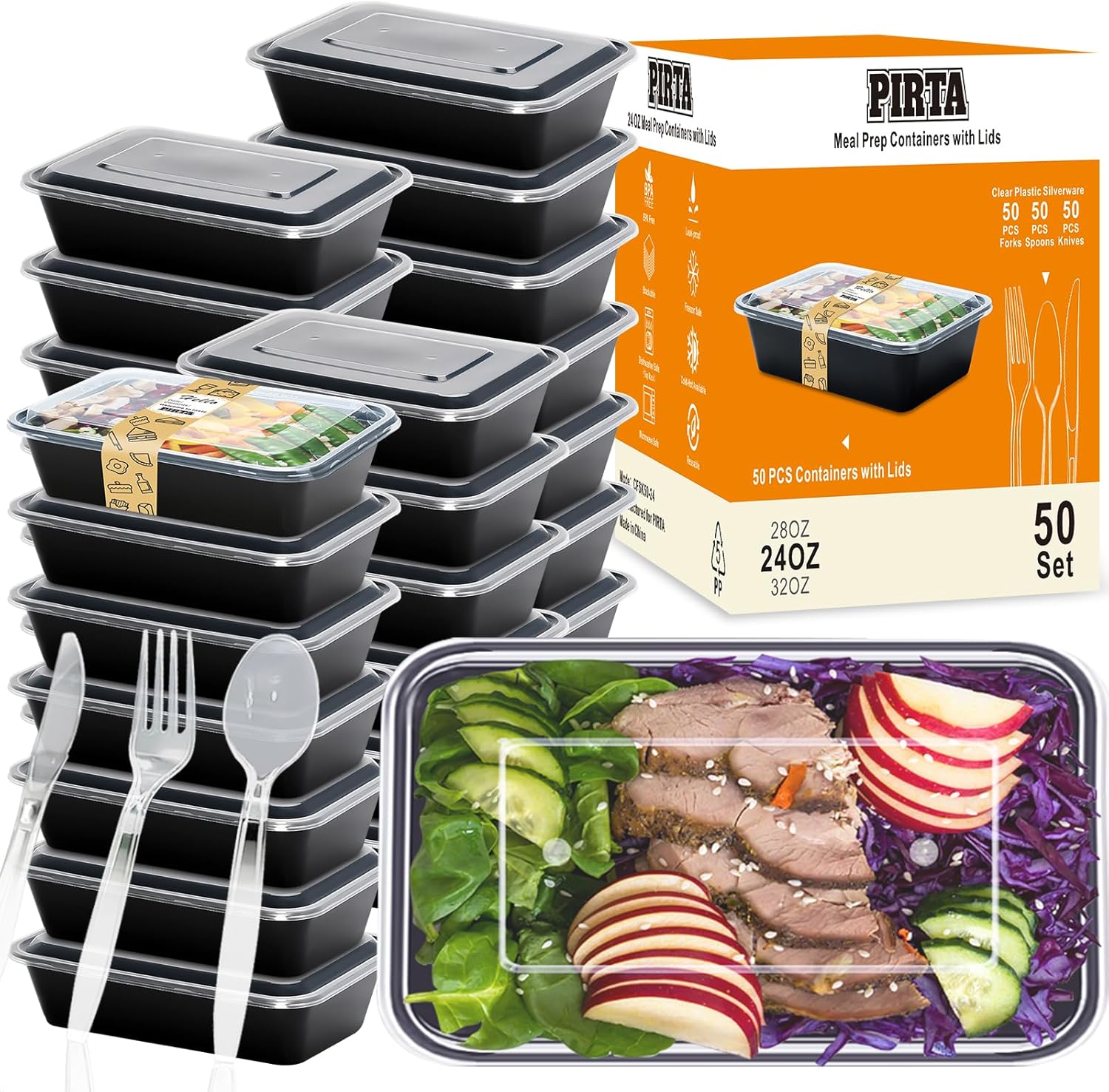 PIRTA 50 Pack(250-Piece) 24 oz Meal Prep Containers Reusable with Lids & Clear Plastic Silverware Set, Food Safe, Leakproof, Microwave, Freezer, Dishwasher, To-Go Take Out, Food Storage Bento Box 24 OZ with Cutlery