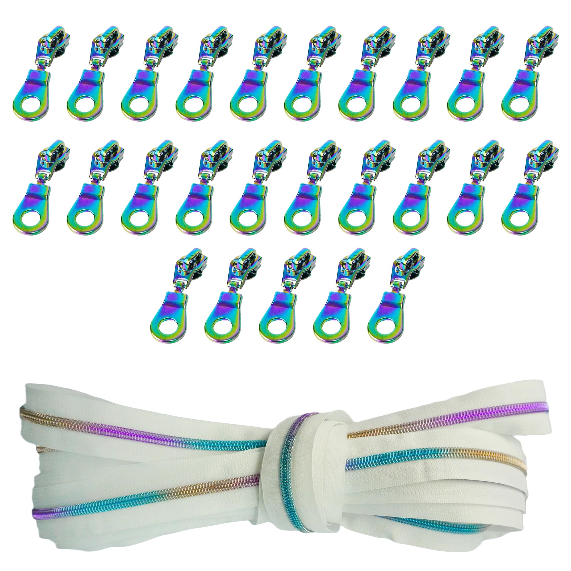 WedDecor Rollo de cremallera blanco de 10 metros con 25 tiradores de cremallera en forma de dona, tiradores de cremallera metálicos de arco iris, deslizadores de repuesto, perfectos para bolsos,