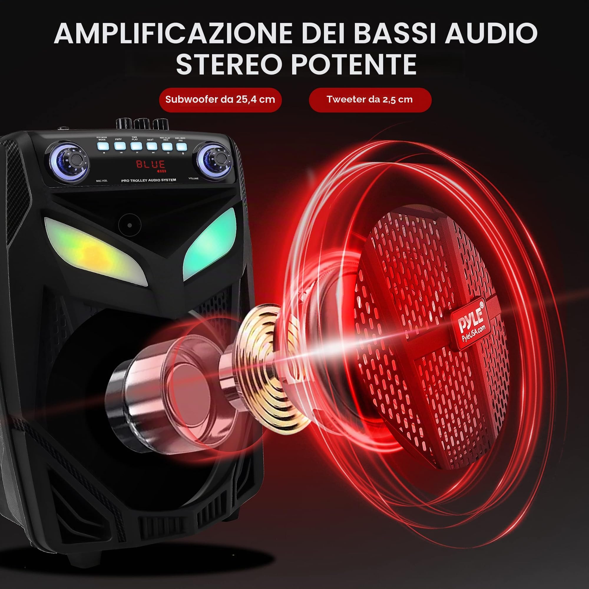 Pyle Cassa Bluetooth Portatile 600W, Altoparlante Bluetooth PA 25cm per Esterni con 2 Microfoni Wireless, Luci, USB/SD, Radio FM, Ruote, Telecomando