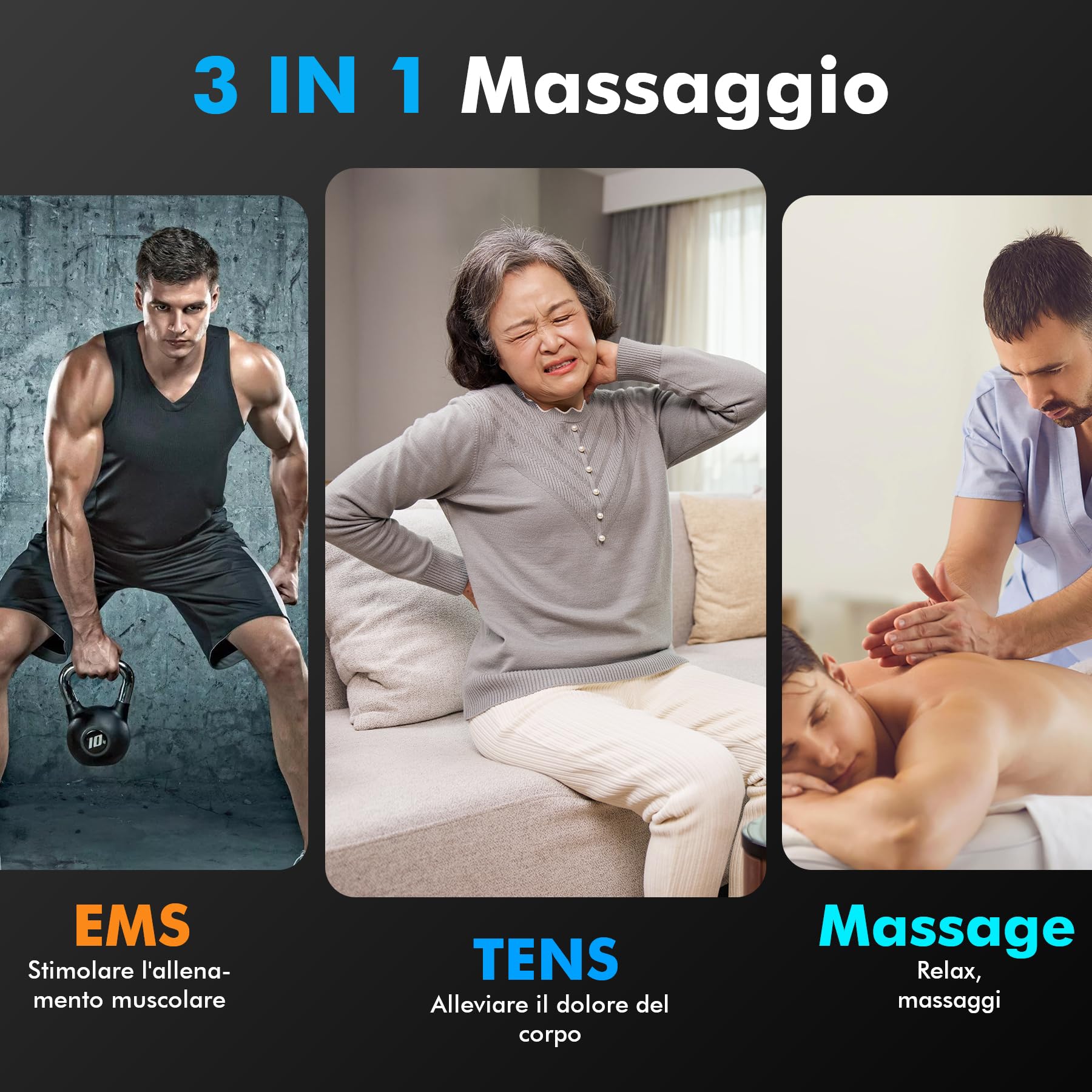 Elettrostimolatore Muscolare, 3 in 1 TENS/EMS/Massage Elettrostimolatore Professionale, Con 27 modalità e 30 intensità, 2 Channels 8 elettrodi