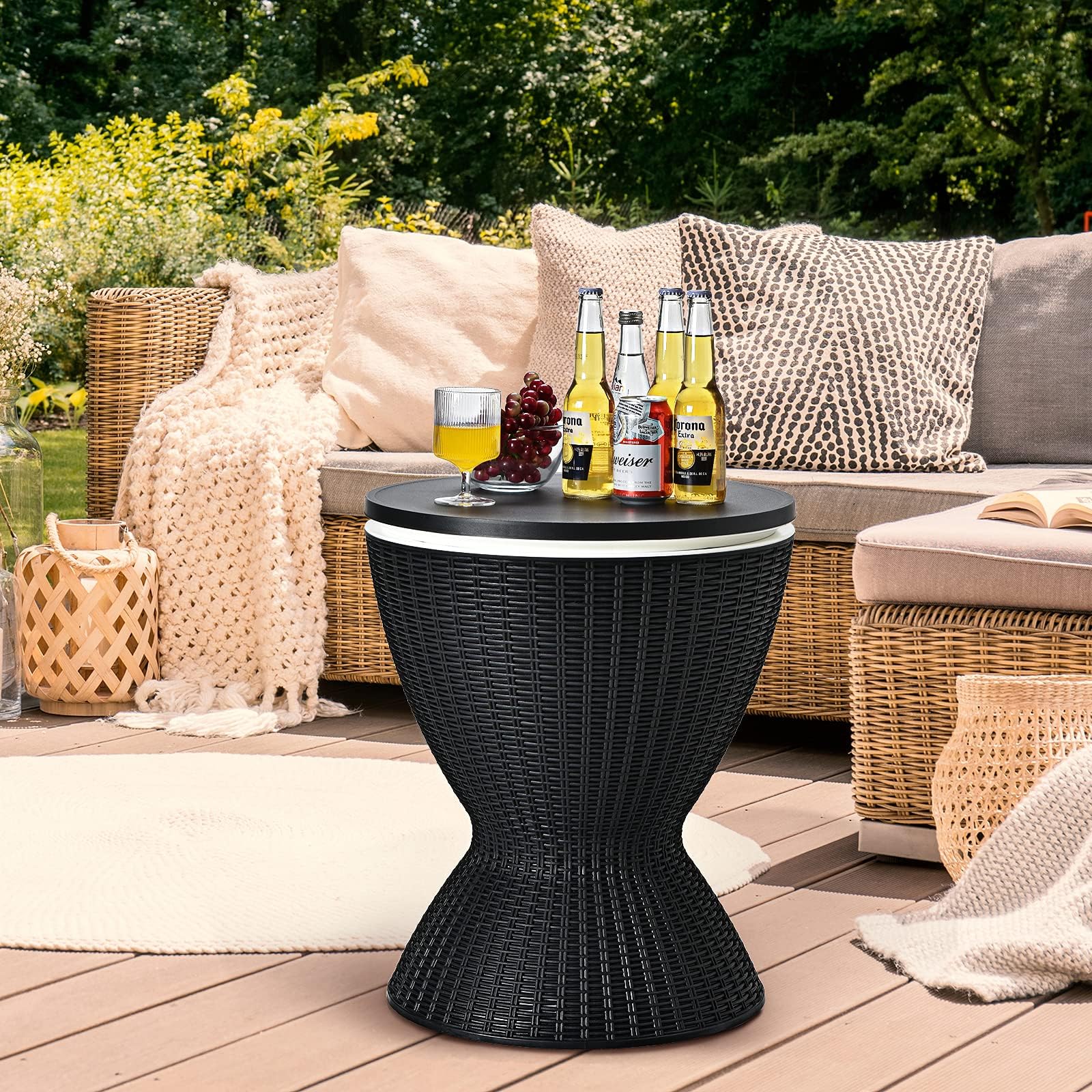RELAX4LIFE Secchiello Ghiaccio 30 L, Tavolo da Giardino in Rattan, Portaghiaccio con Tavolino Sollevabile, Altezza Regolabile, Ideale per Vino/Birra/Cocktail (Nero)