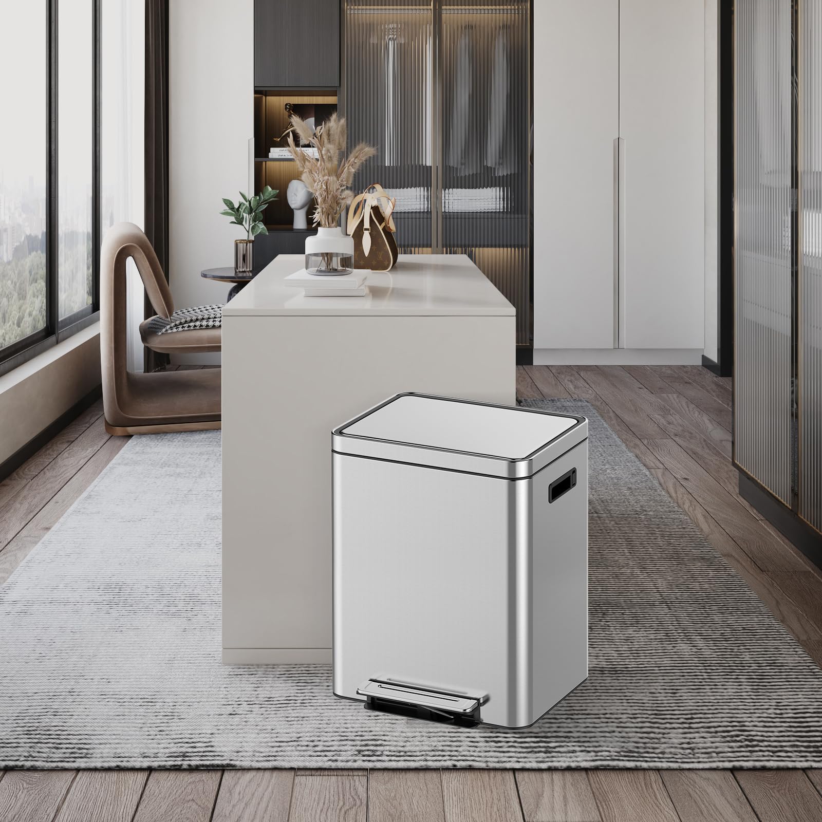 Takywep Küchen-Mülleimer, 30 l, Doppel-Mülleimer und Recycling-Mülleimer, Kombo, Tret-Recycling-Mülleimer mit Deckel und herausnehmbaren Einsätzen, doppelter Mülleimer für Küche, Edelstahl