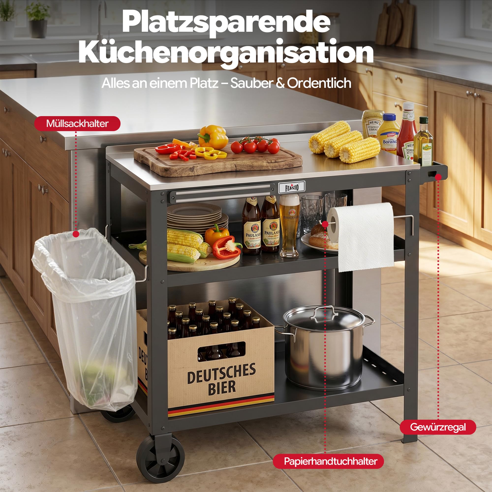 Feasto Grillwagen Outdoor Grilltisch Outdoor Servierwagen Pizzatisch | 90x46x82,5 cm Outdoor Grill Trolley mit Edelstahlplatte, Gewürzregal, Magnetleiste, für Hinterhof, Garten, Terrasse