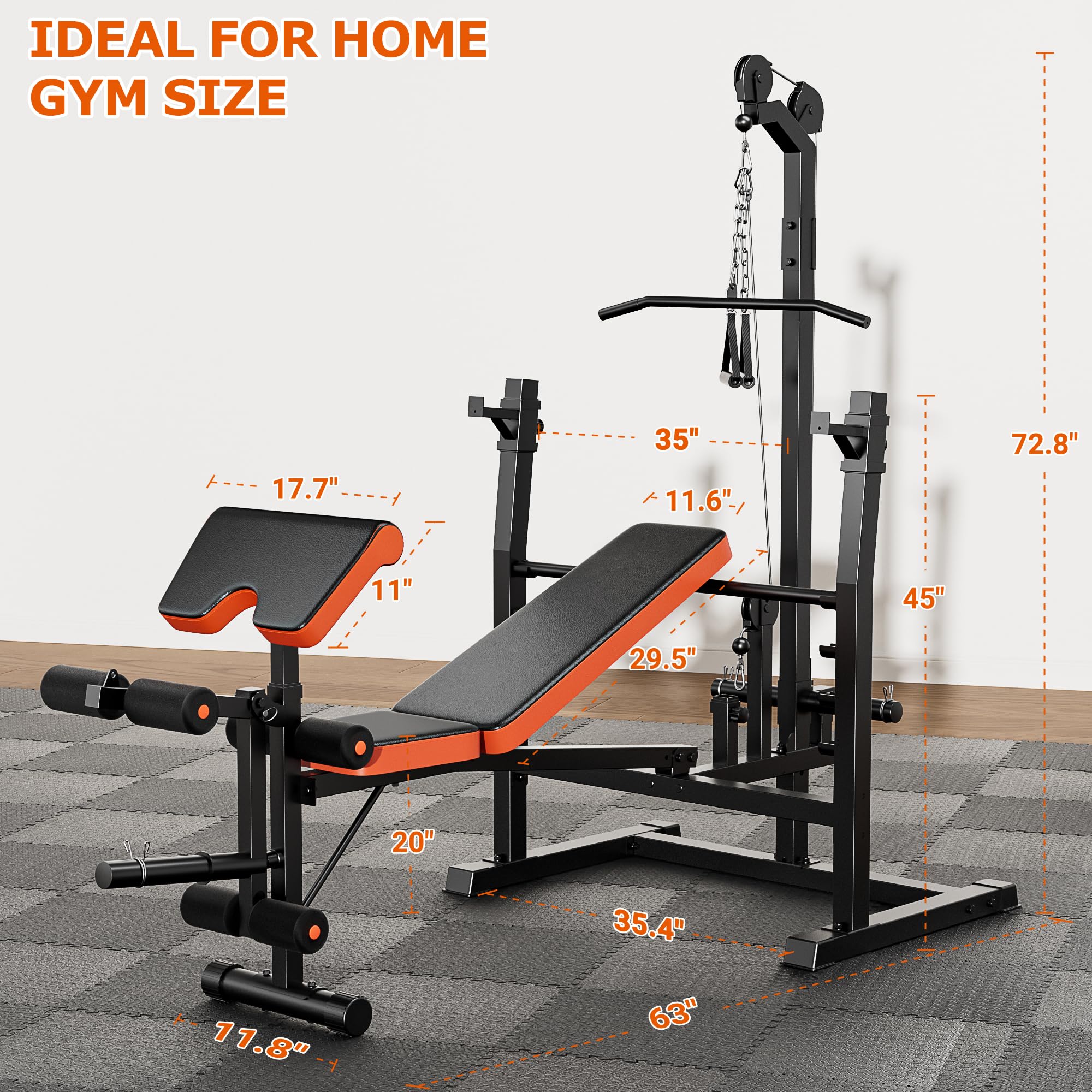Olympic Weight Bench with Lat Pulldown, Squat Rack & Leg Curl | Adjustable, Cable Row, Squat Rack, Leg Developer, Preacher Curl, Multi-Angle Backrest, Full Body Strength Training