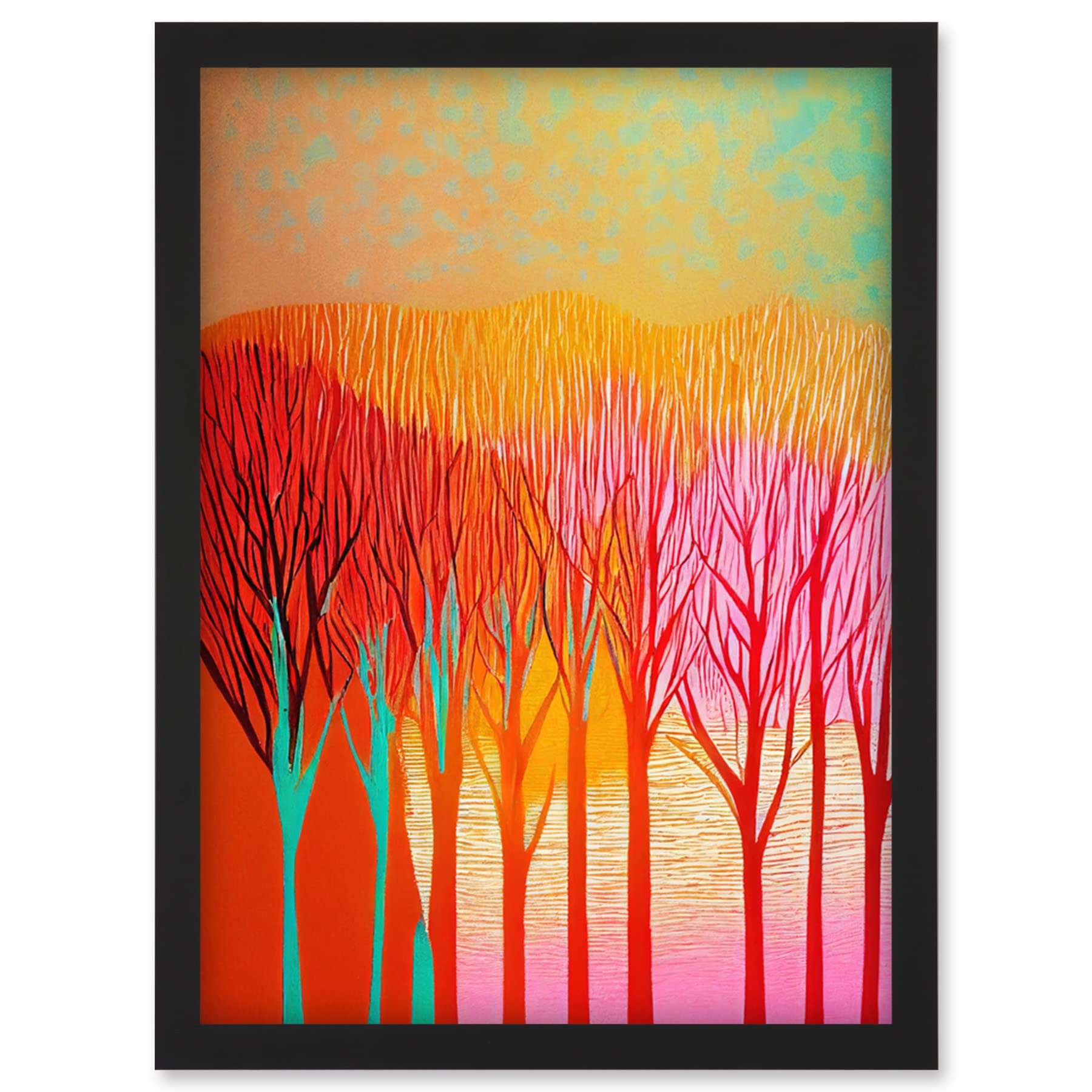 Doppelganger33 LTD Forest Treetops Linocut Illustration Vibrant Bold Artwork Framed Wall Art Print A4