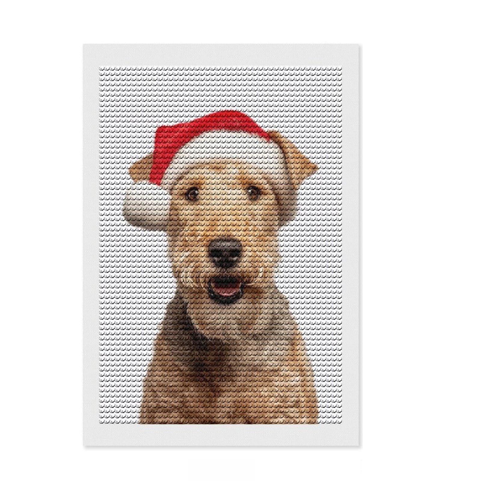 Junmoney Lakeland Terrier Dog with Santa Hat DIY Diamond Art Canvas Kit 8"x12", Stress Relief Craft, Boho Decor, for Family Craft Time, Festive Craft Gift