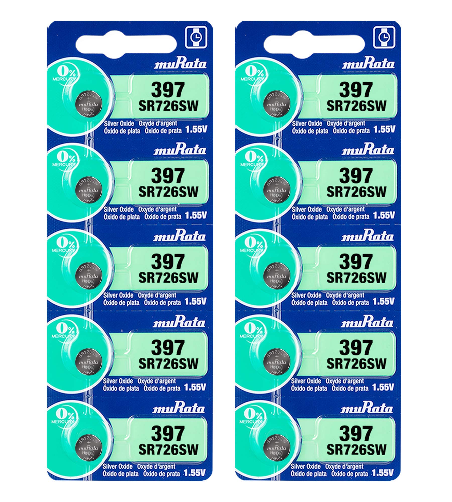 Murata 397 Battery SR726SW 1.55V Silver Oxide Watch Button Cell (10 Batteries)