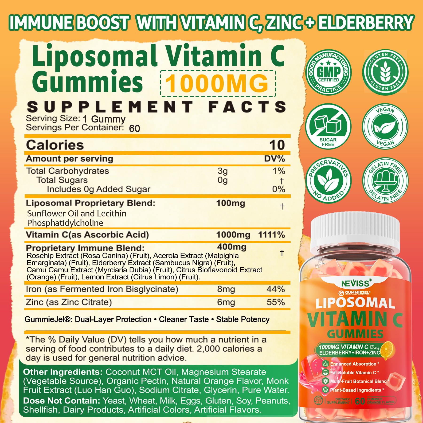 NEVISS Liposomal Vitamin C Gummies for Women and Men, Easy to Chew, 1 Pack — Amazon image 2