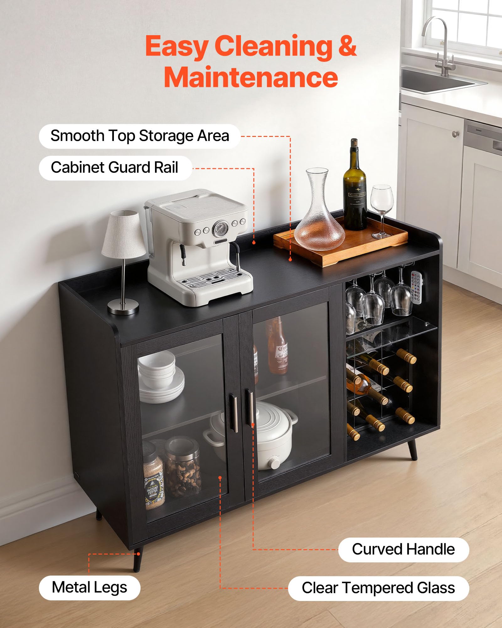 VEVOR Mobile da Bar per Casa Credenza Portabottiglie, Mobiletto Portabottiglie Portabicchieri con Illuminazione LED Dimmerabile Ripiani per Bottiglie, Credenza da Bar per Soggiorno Salotto Cucina