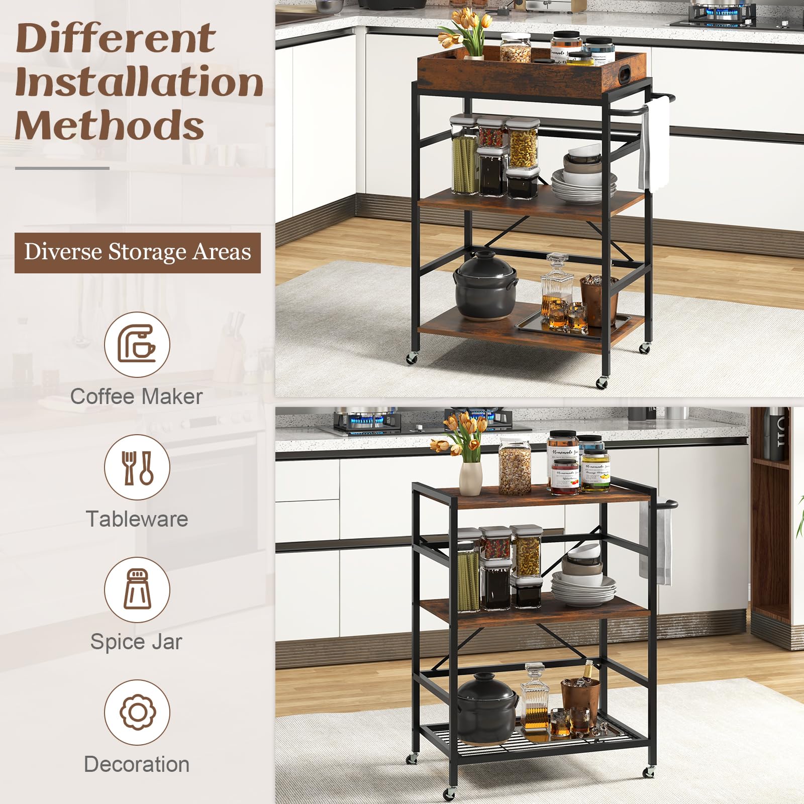 GIANTEX Carrello da cucina con vassoio estraibile e 4 ruote, carrello di servizio a 3 livelli con telaio in metallo, 73 x 40 x 94 cm, stile industriale, carrello ausiliario per cucina, sala da pranzo,