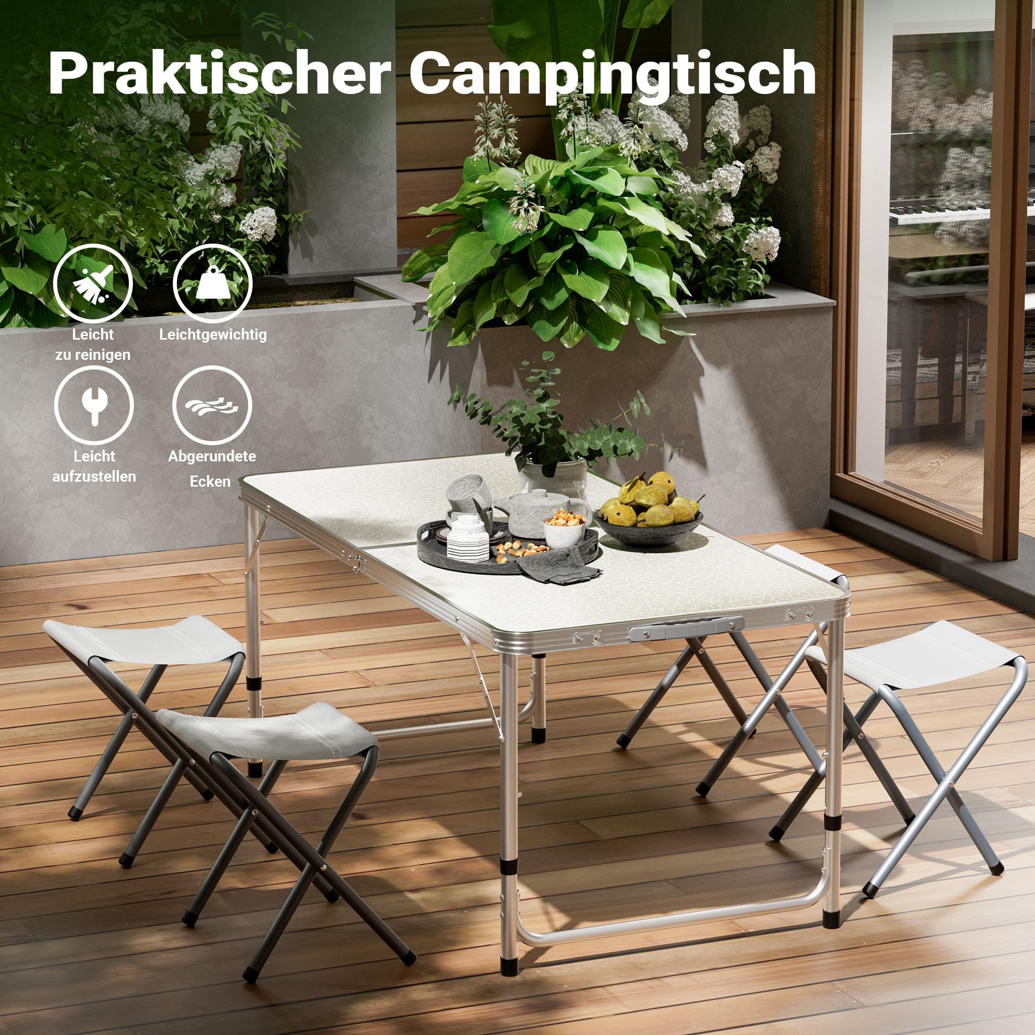 Wiltec Campingmöbel Set 5tlg. Campingtisch mit Stühlen höhenverstellbarer Tisch Plus 4 Campingstühle Aluminium Sitzgarnitur Campingtisch klappbar Klapptisch Camping Garnitur faltbar