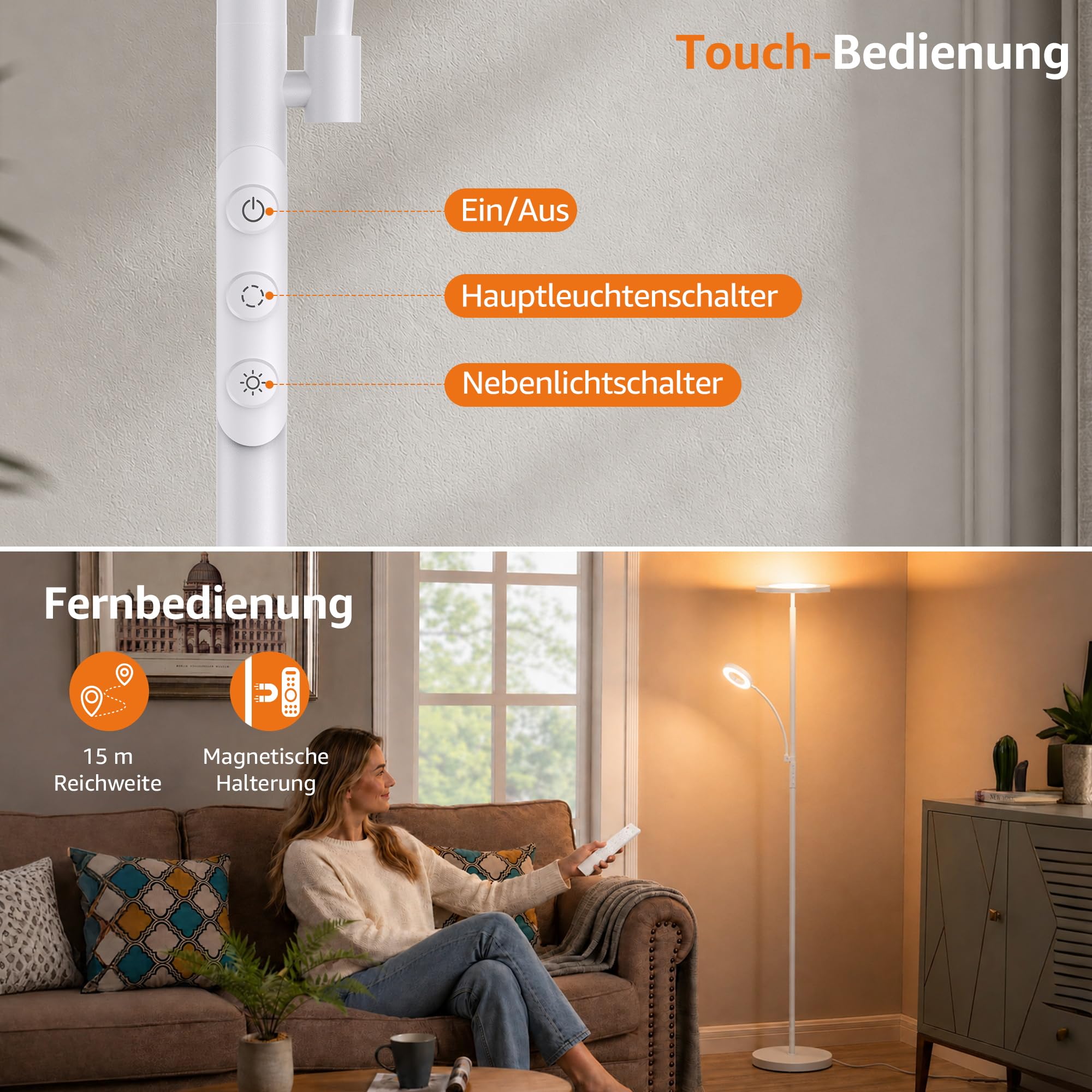 42W superhelle Uplighter Stehleuchte für Wohnzimmer, 4200LM dimmbare Torchiere Standleuchte mit Fernbedienung, Touch-Control, 2700K-6500K, Timer, 175 cm hohe Leuchte zum Lesen für Schlafzimmer, Büro