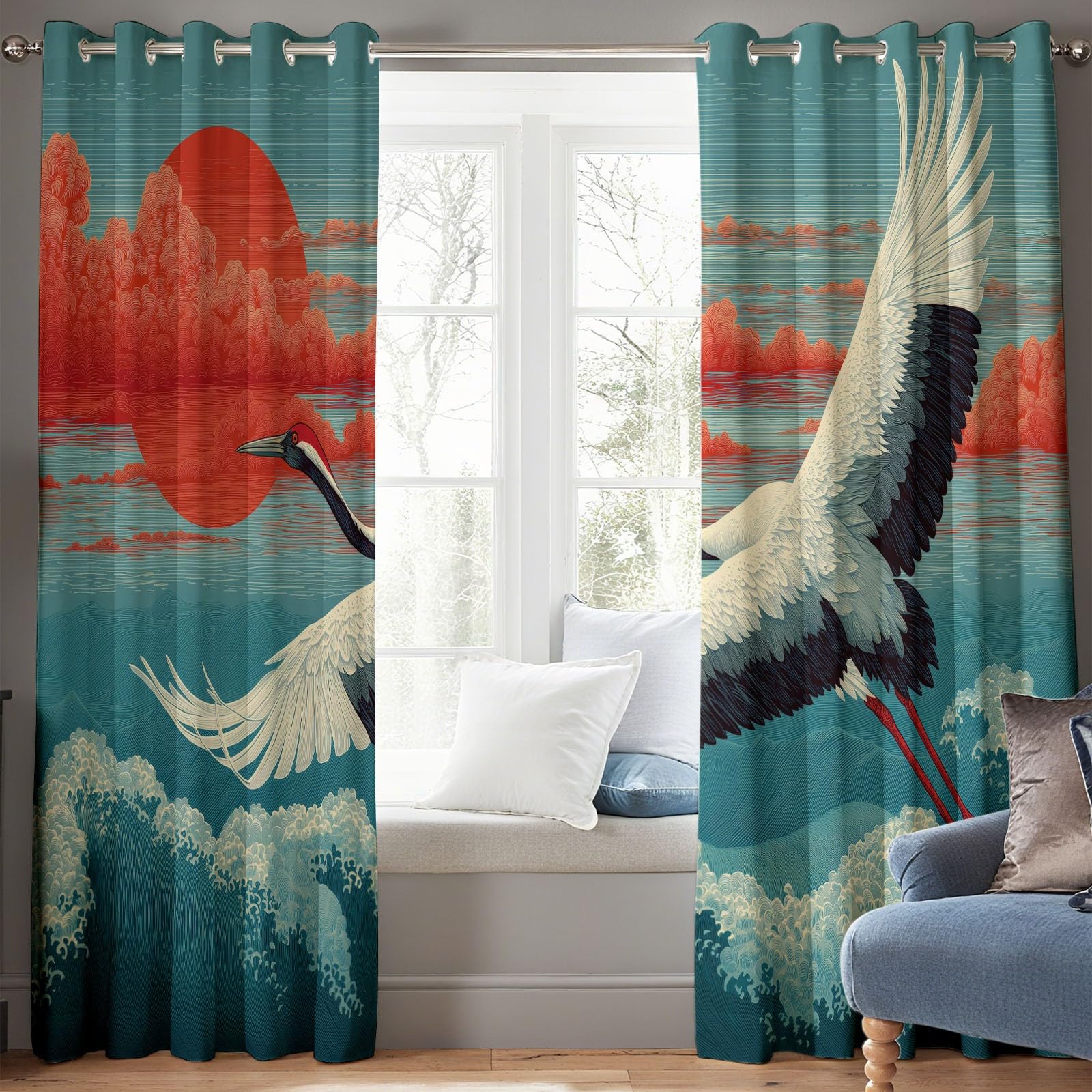 2 Paneles 260 Pulgadas de Largo, Animal Oriental Nubes propicias Estilo japonés 100% Cortinas Opacas para Dormitorio y Sala de Estar, con Aislamiento Térmico Cortinas Ahorro de energía