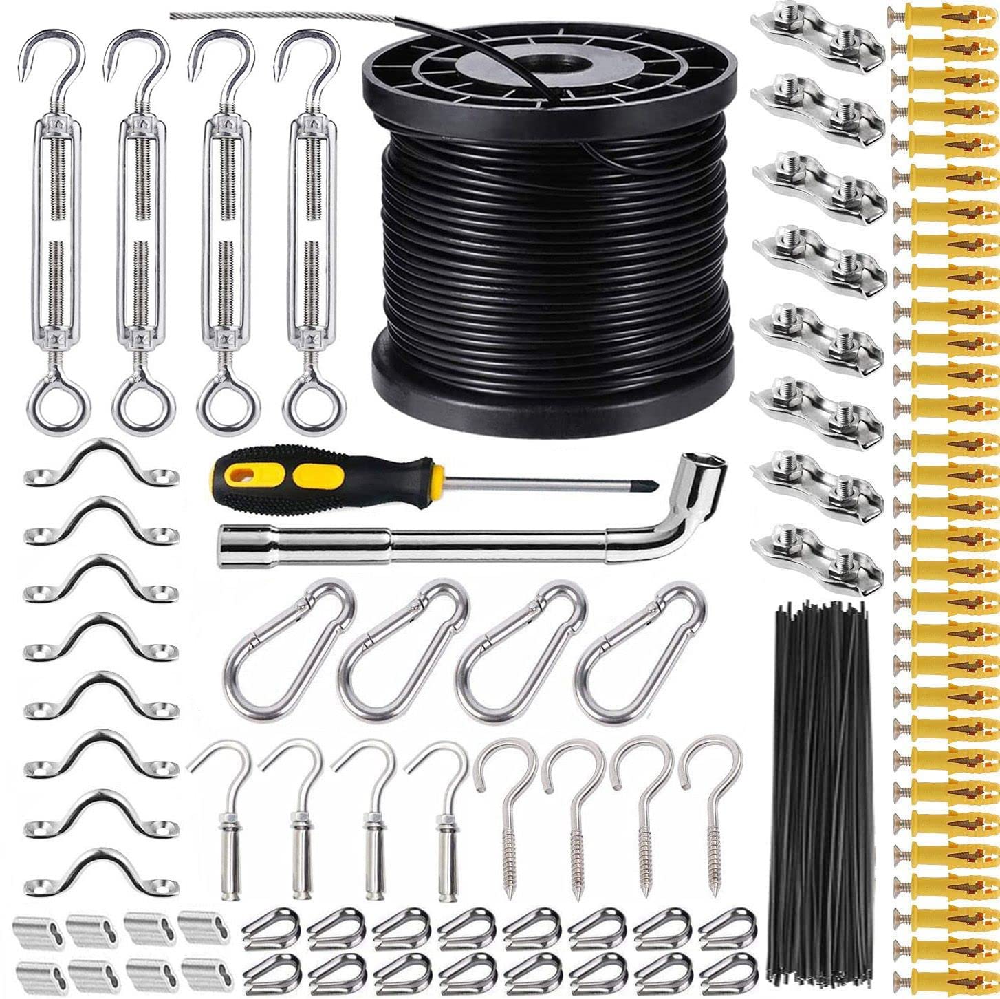 String Light Hanging Kit with 200ft Black Vinyl-Coated 304 Stainless Steel Cable,Outdoor Light Guide Wire String Lights Suspension Kit Included Enough Accessories, Free Gifts,Easy to Install