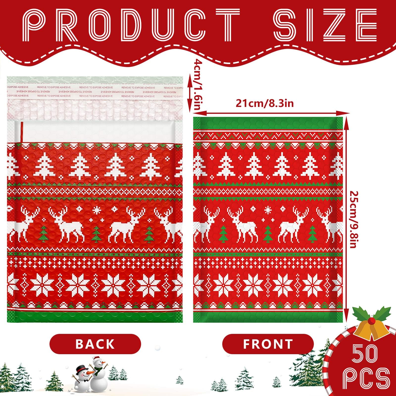 JarThenaAMCS Luftpolster-Versandtaschen, Weihnachtsmotiv, selbstklebend, Elch, Schneeflocke, Weihnachtsstern, für Weihnachten, Winter, kleine Unternehmen, 21,1 x 29 cm, Rot / Grün, 50 Stück