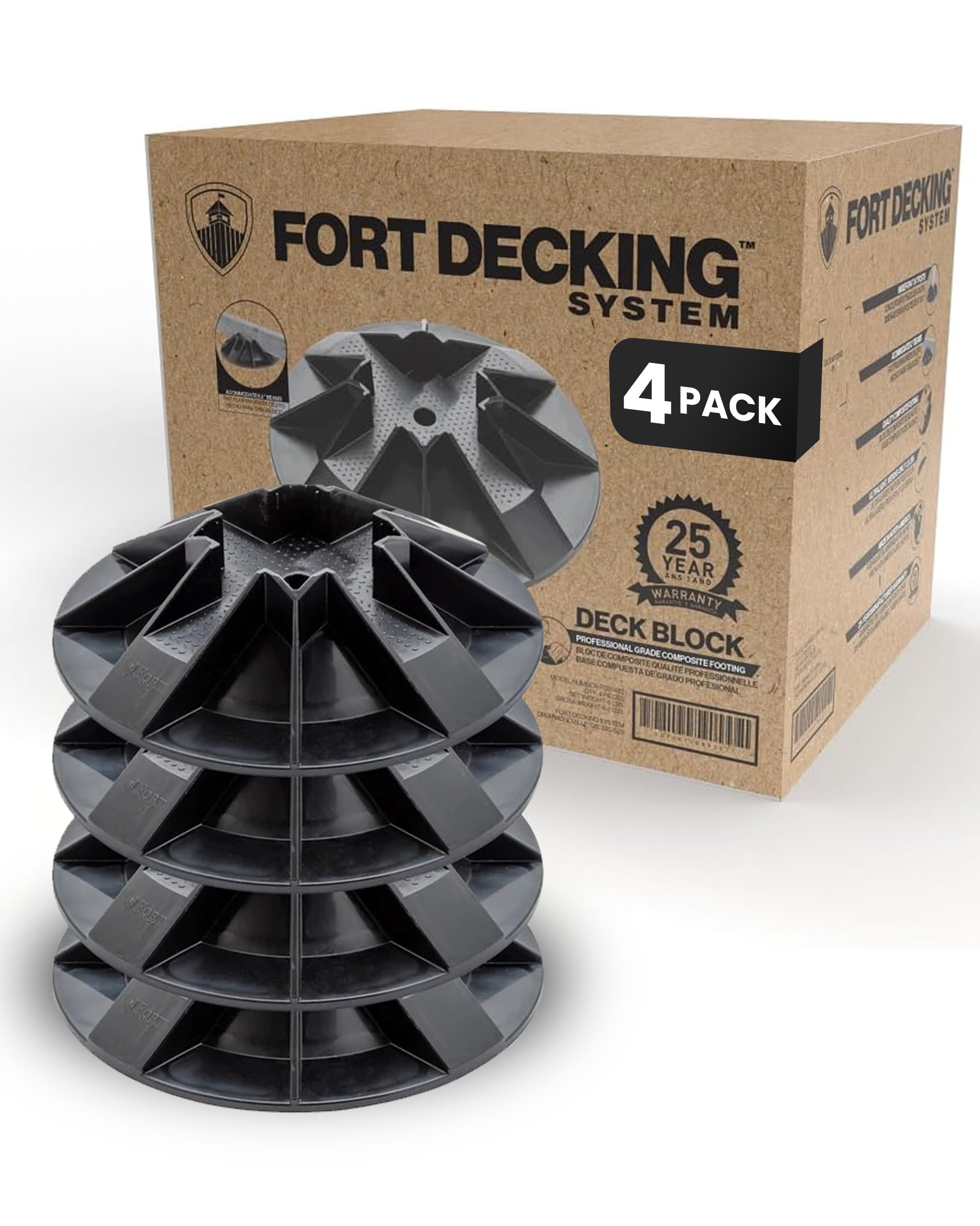 Fort Decking Foundation Deck Blocks, Designed to Accommodate 4x4 Posts, 2x4, 2x6, and 2x8 Joists and Beams, High Density Plastic, Black