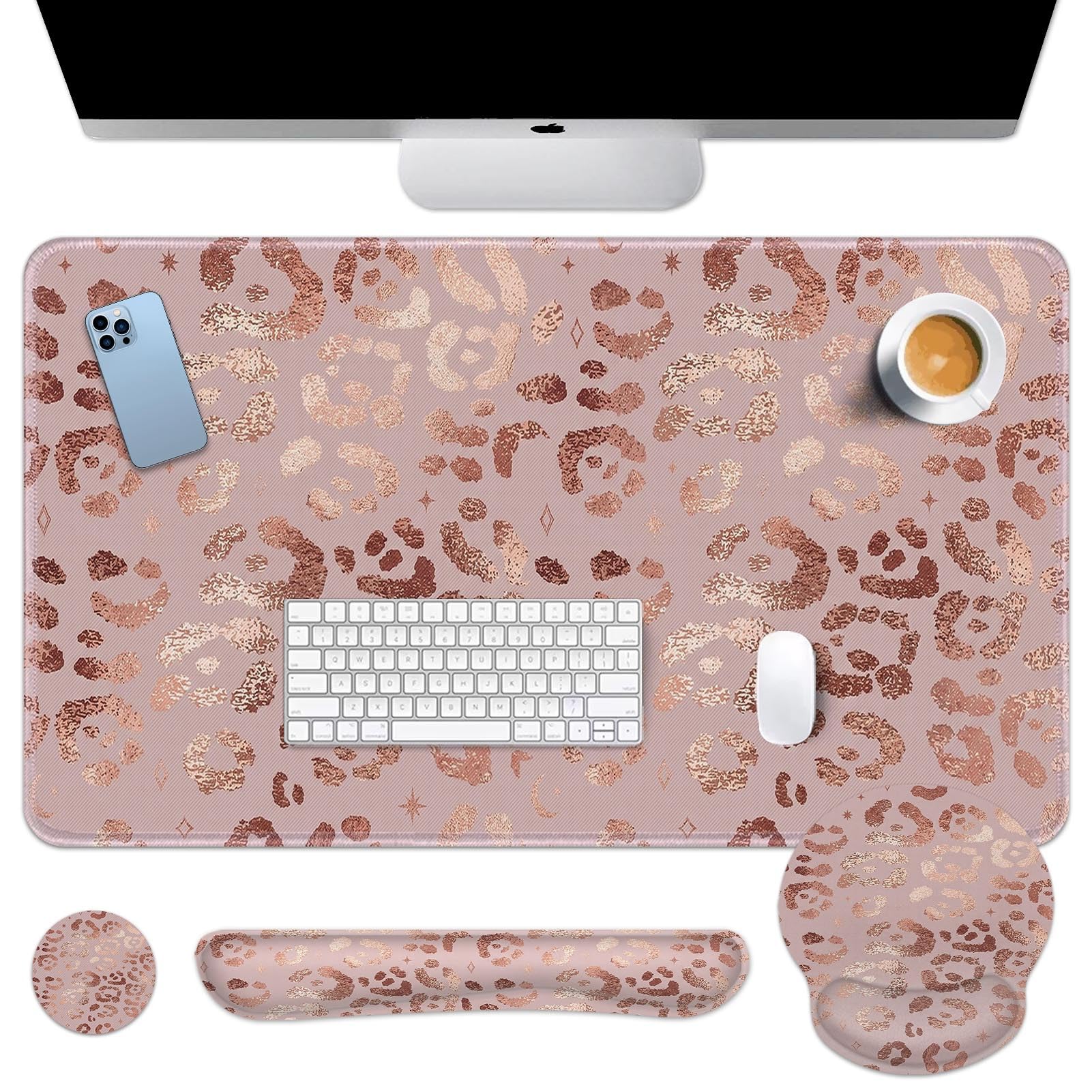 Photo 1 of  Arttown Leopard Rose Gold Pink Desk Mat, Animal Skin Mouse Pad Set with Wrist Support, 4-in-1 Large Mousepad+Keyboard Wrist Rest+Mouse Wrist Rest+Coaster with Ergonomic Design, Non-Slip Mat ONLY(  Arttown Leopard)