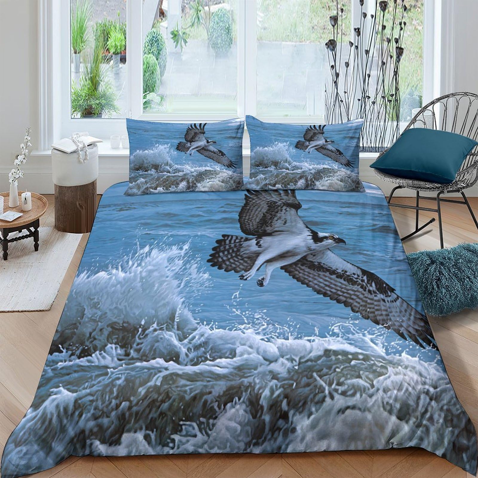 Ctjqhvkz Style-5 3D Printed Ocean Wave Fitted Sheet Microfiber Soft Blue Seagull Bed Cover For Adult Bedroom Guest Room Decor Single（135X200cm）