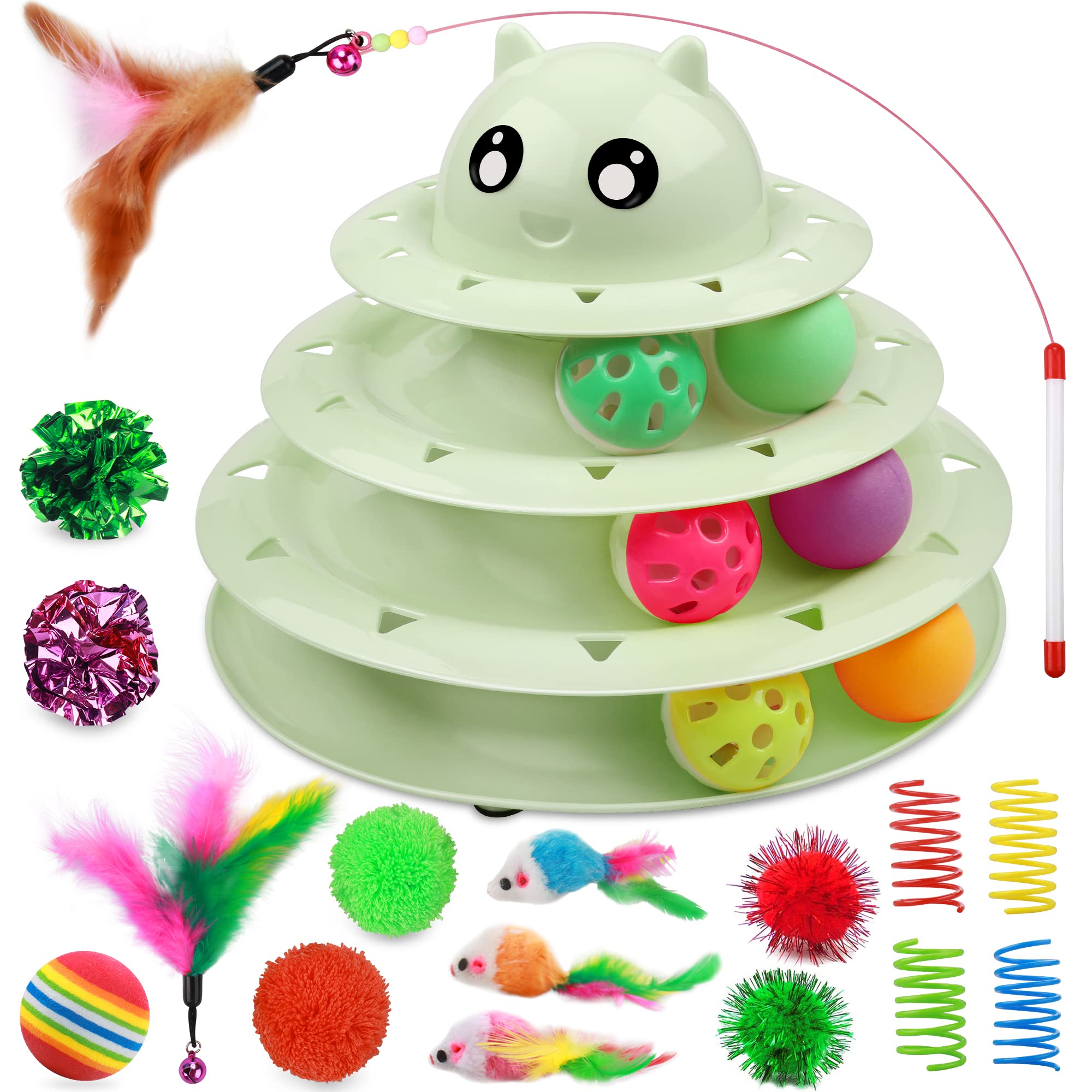 UPSKY 20 PCS Cat Toys - 3-Level Turntable Roller with Balls for Indoor Cats, Kitten Set with Teaser, Mice, Spring, and Various Ball Toys