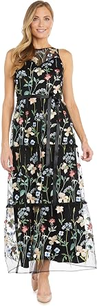 R&M Richards Womens Floral Threadwork Maxi Dress W/Tiered Skirt, Satin Waist Sash & Illusion Neckline